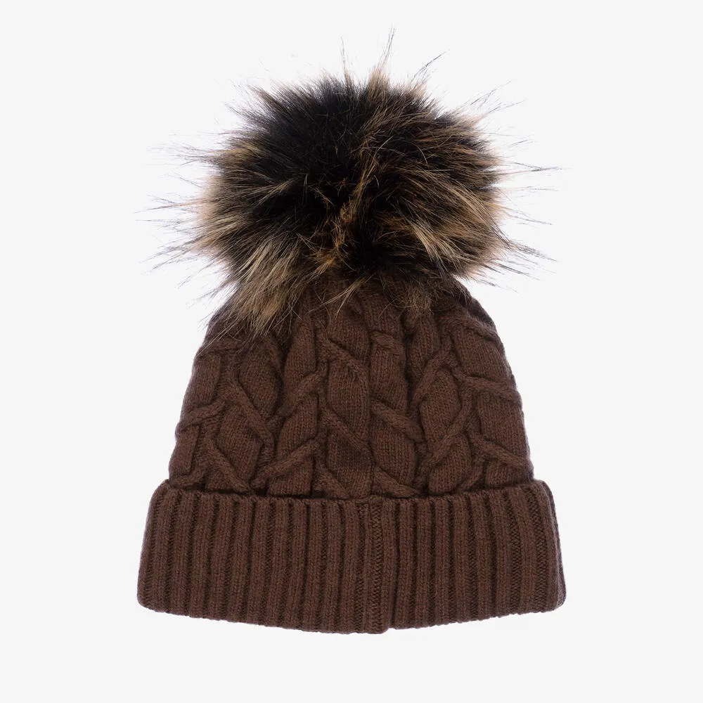 Girls Brown Pom-Pom Hat