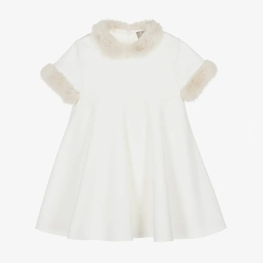 Girls Ivory Faux Fur Trimmed Dress