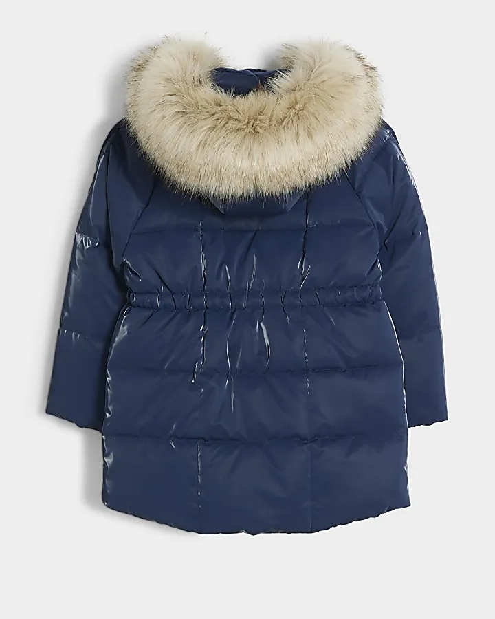 Girls navy faux fur hood padded jacket