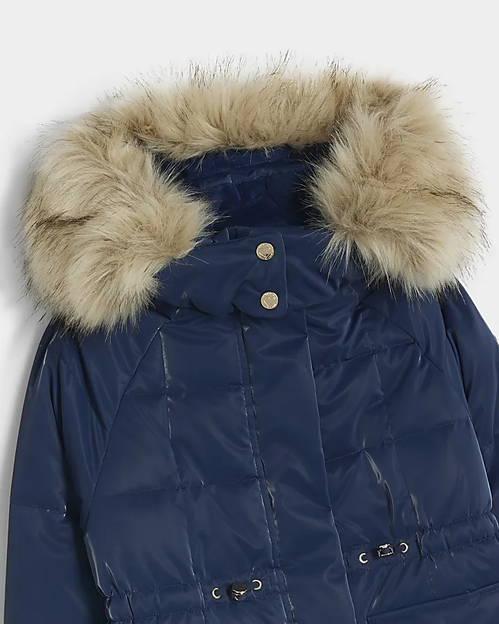 Girls navy faux fur hood padded jacket