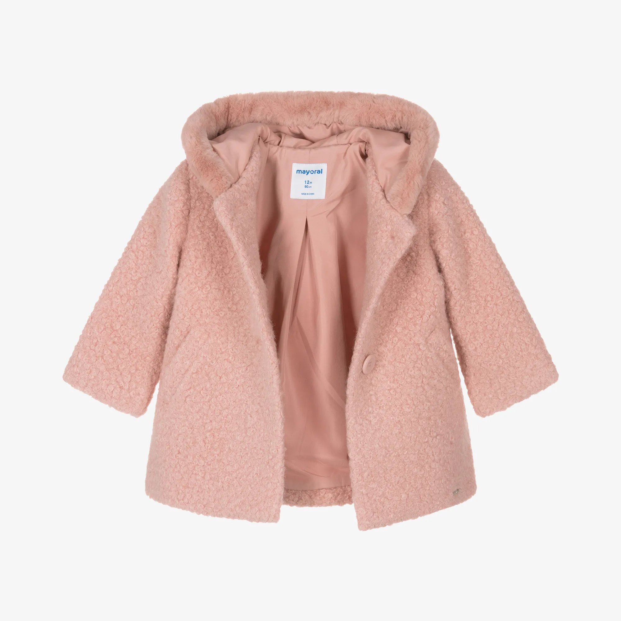 Girls Pink Bouclé Hooded Coat