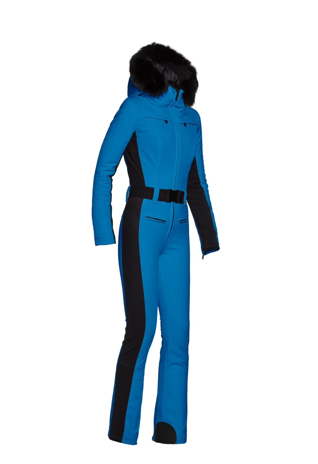 Goldbergh Parry One Piece Ski Suit in Electric Blue with Real Fur Hood