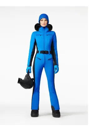 Goldbergh Parry One Piece Ski Suit in Electric Blue with Real Fur Hood