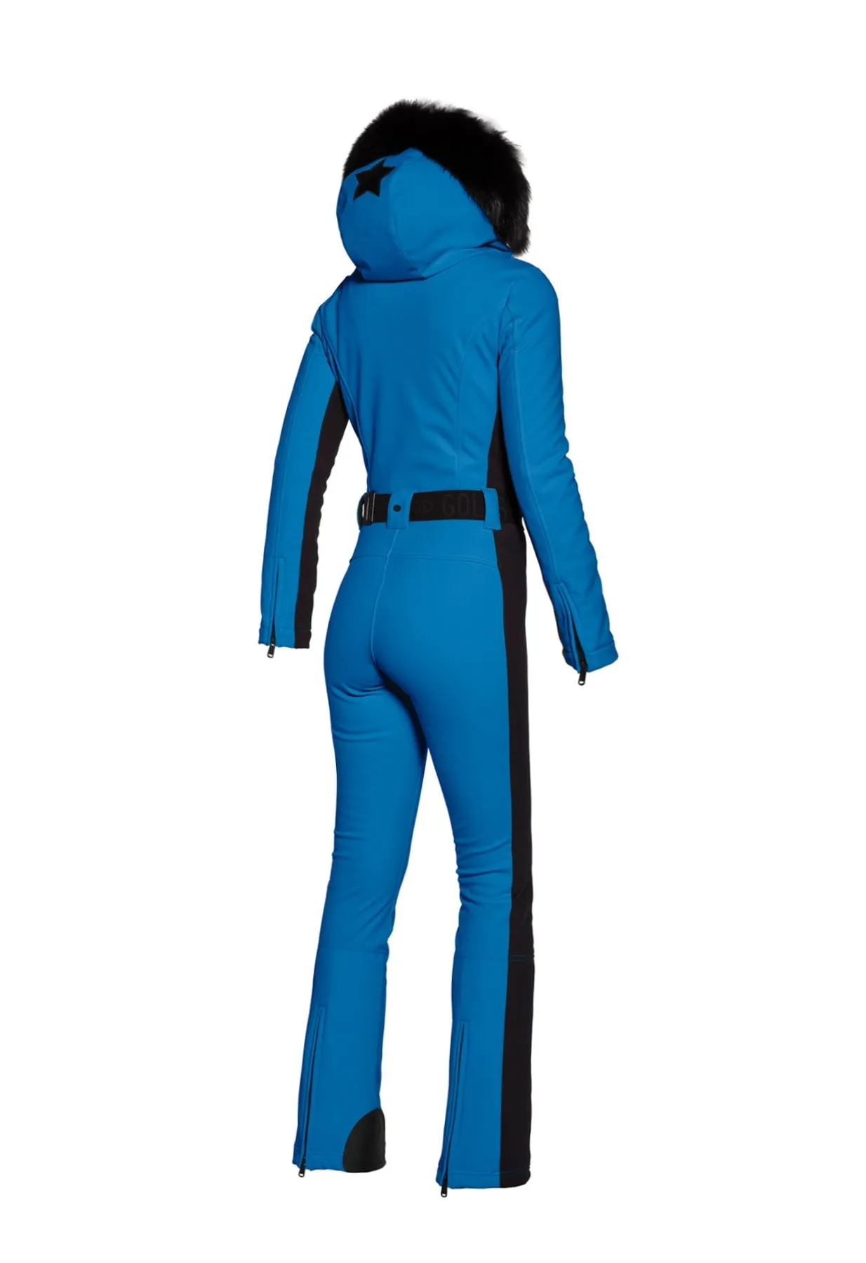 Goldbergh Parry One Piece Ski Suit in Electric Blue with Real Fur Hood