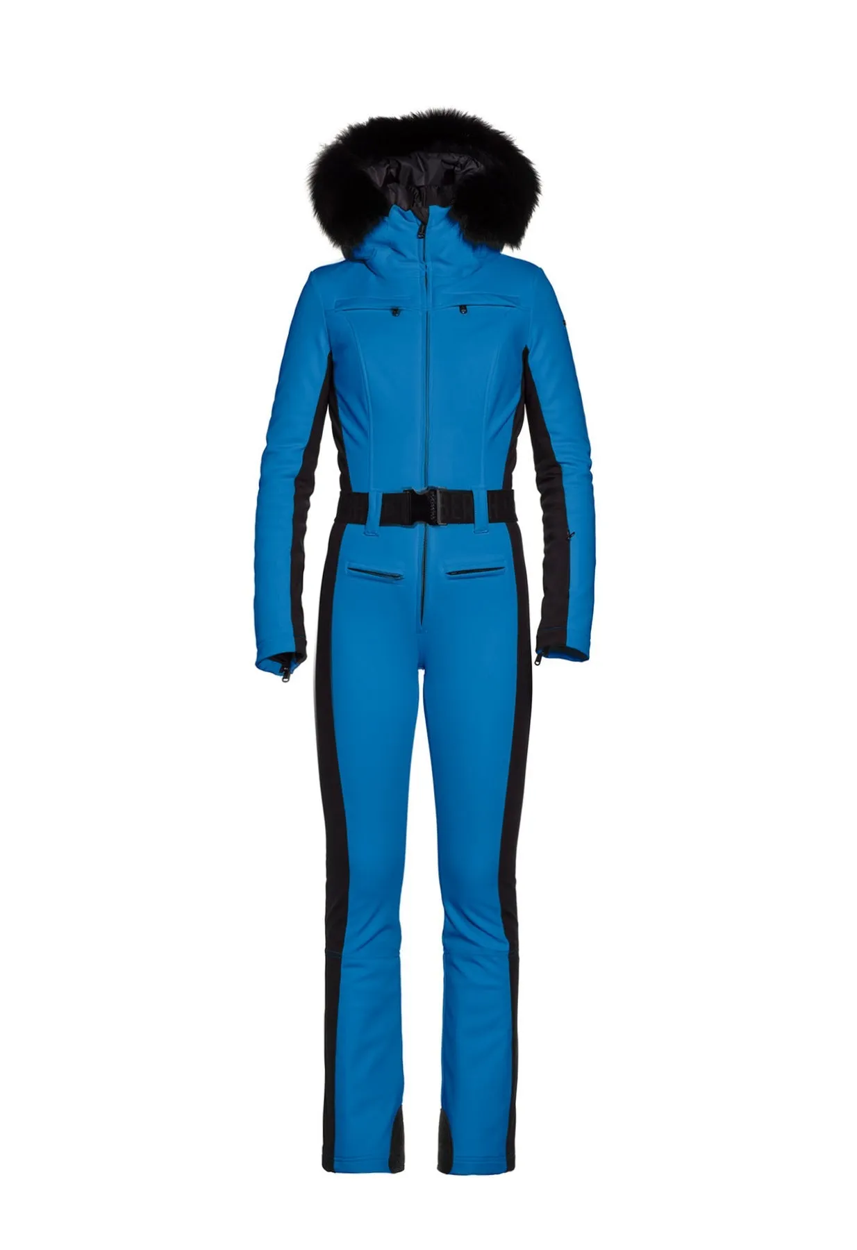 Goldbergh Parry One Piece Ski Suit in Electric Blue with Real Fur Hood