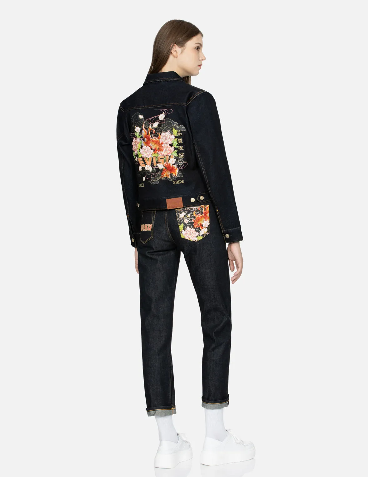 Goldfish and Floral Flow Embroidery Regular Fit Denim Jacket