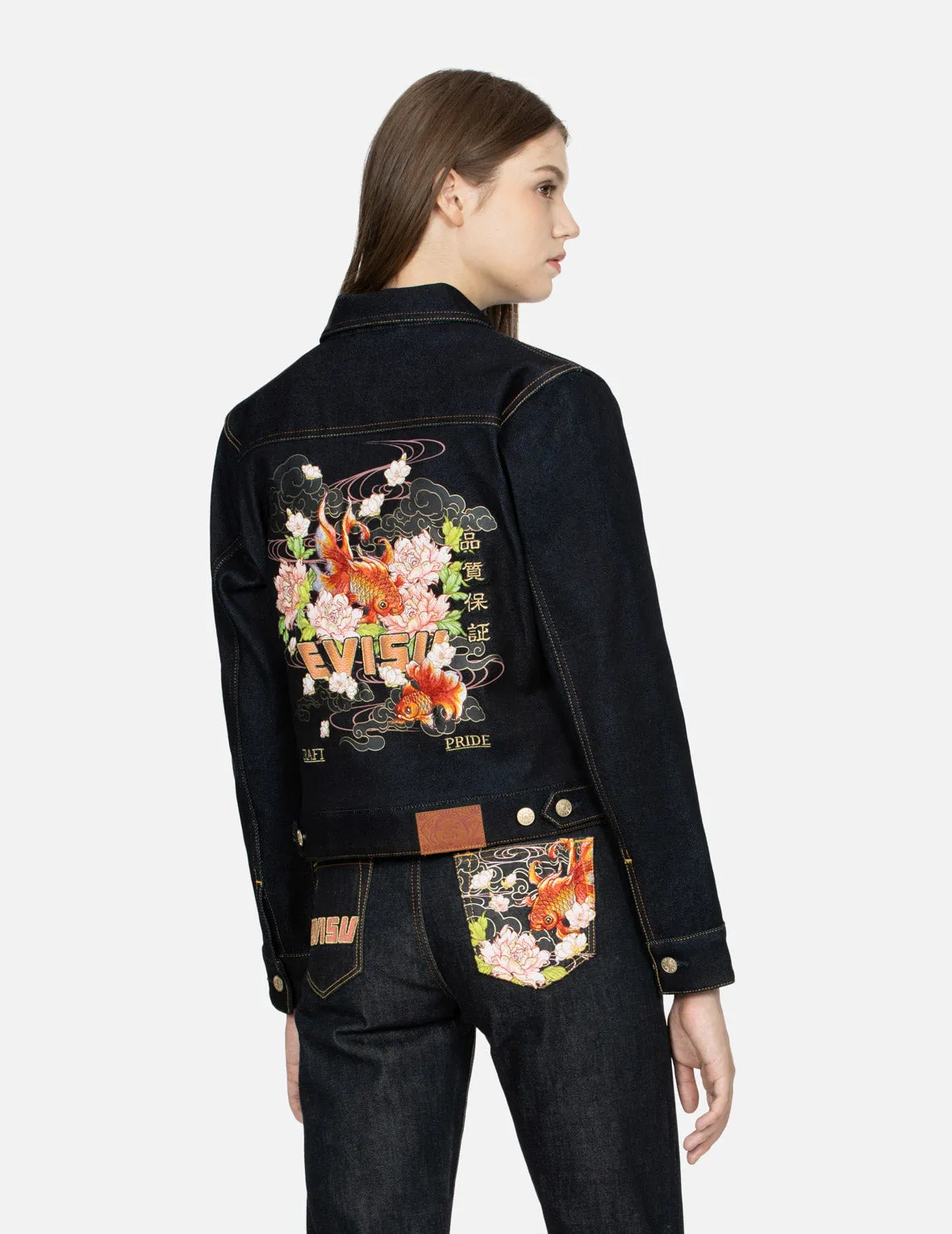 Goldfish and Floral Flow Embroidery Regular Fit Denim Jacket