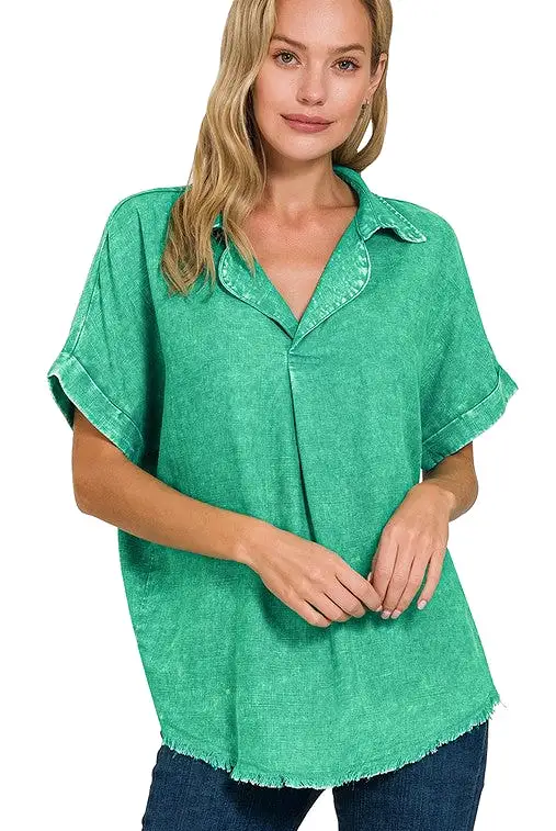 Green Raw Hem Collared Top