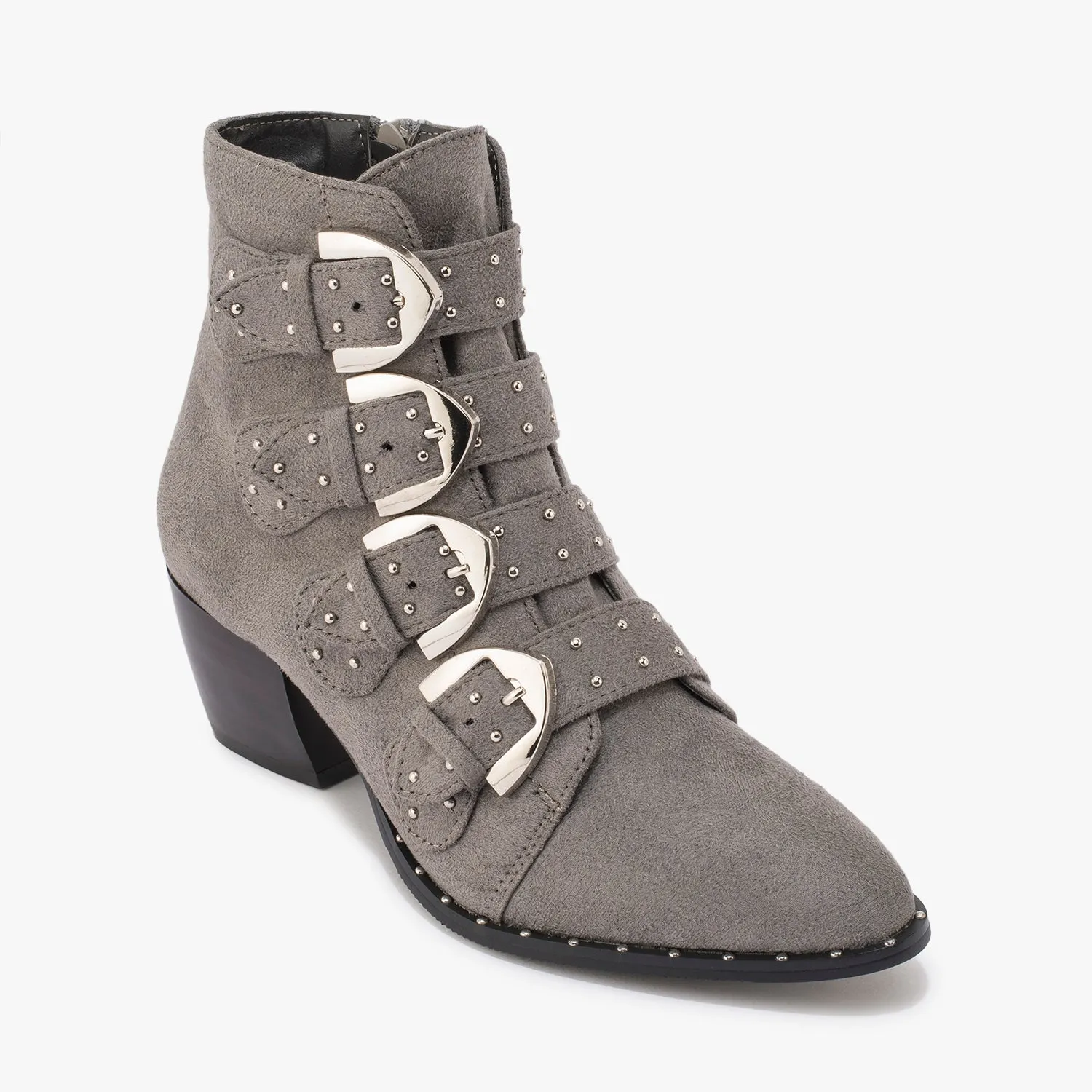 Grey Buckle Stud Detail Ankle Boot