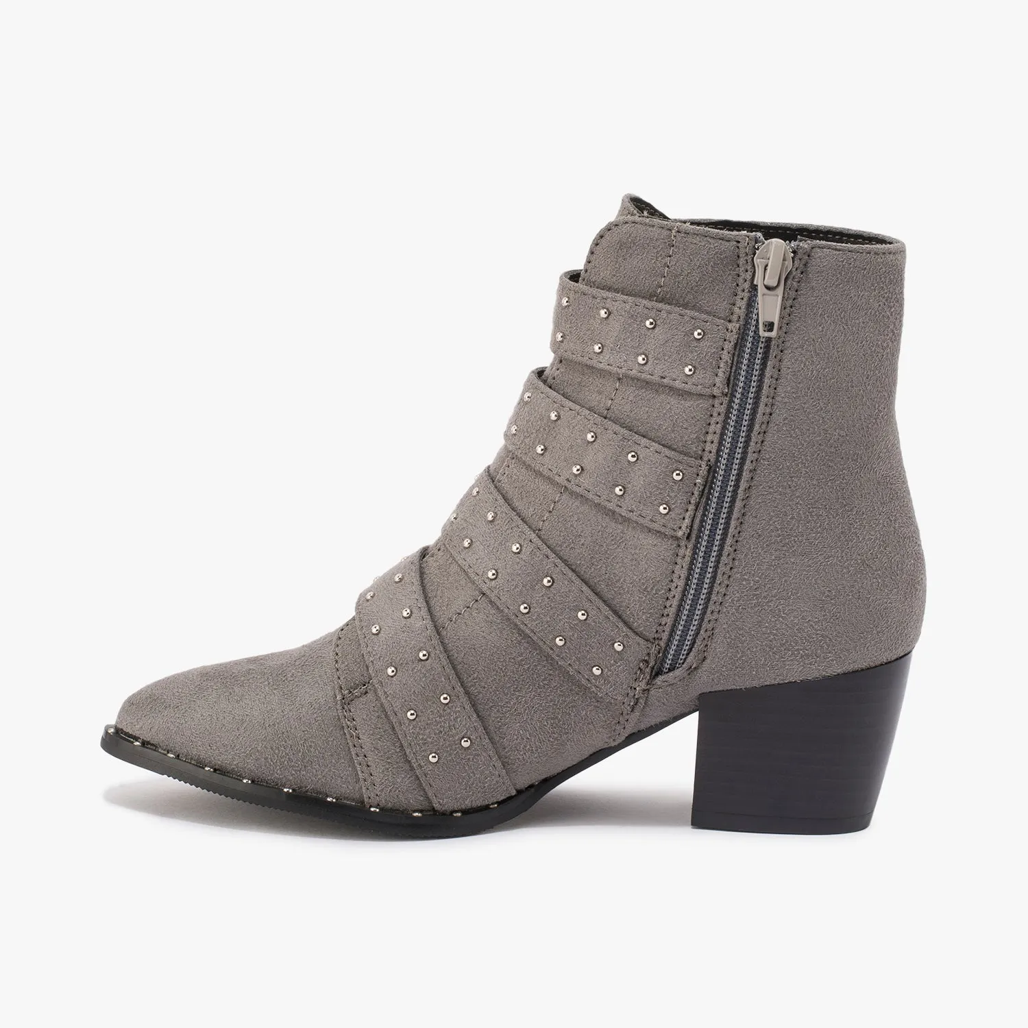 Grey Buckle Stud Detail Ankle Boot