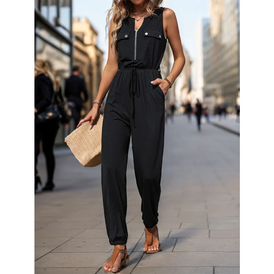 Half Zip Sleeveless Jumpsuit with Pockets