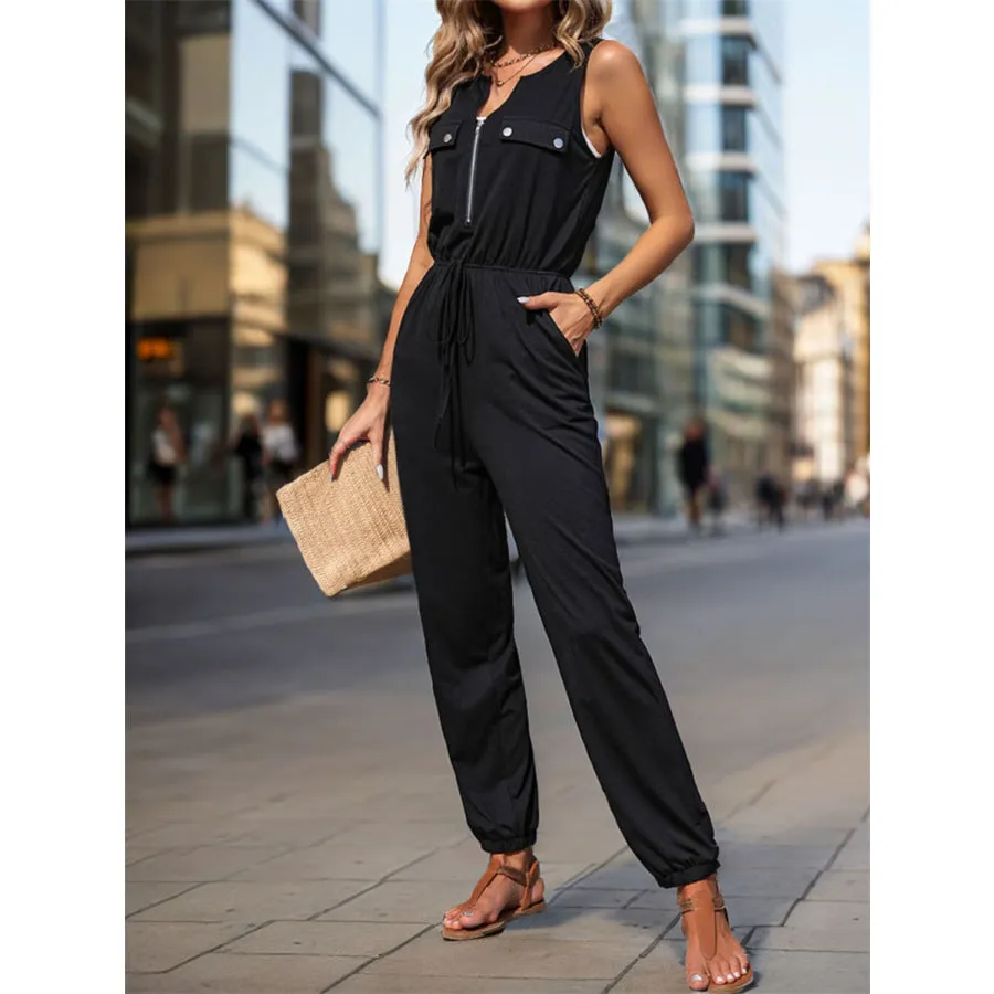 Half Zip Sleeveless Jumpsuit with Pockets