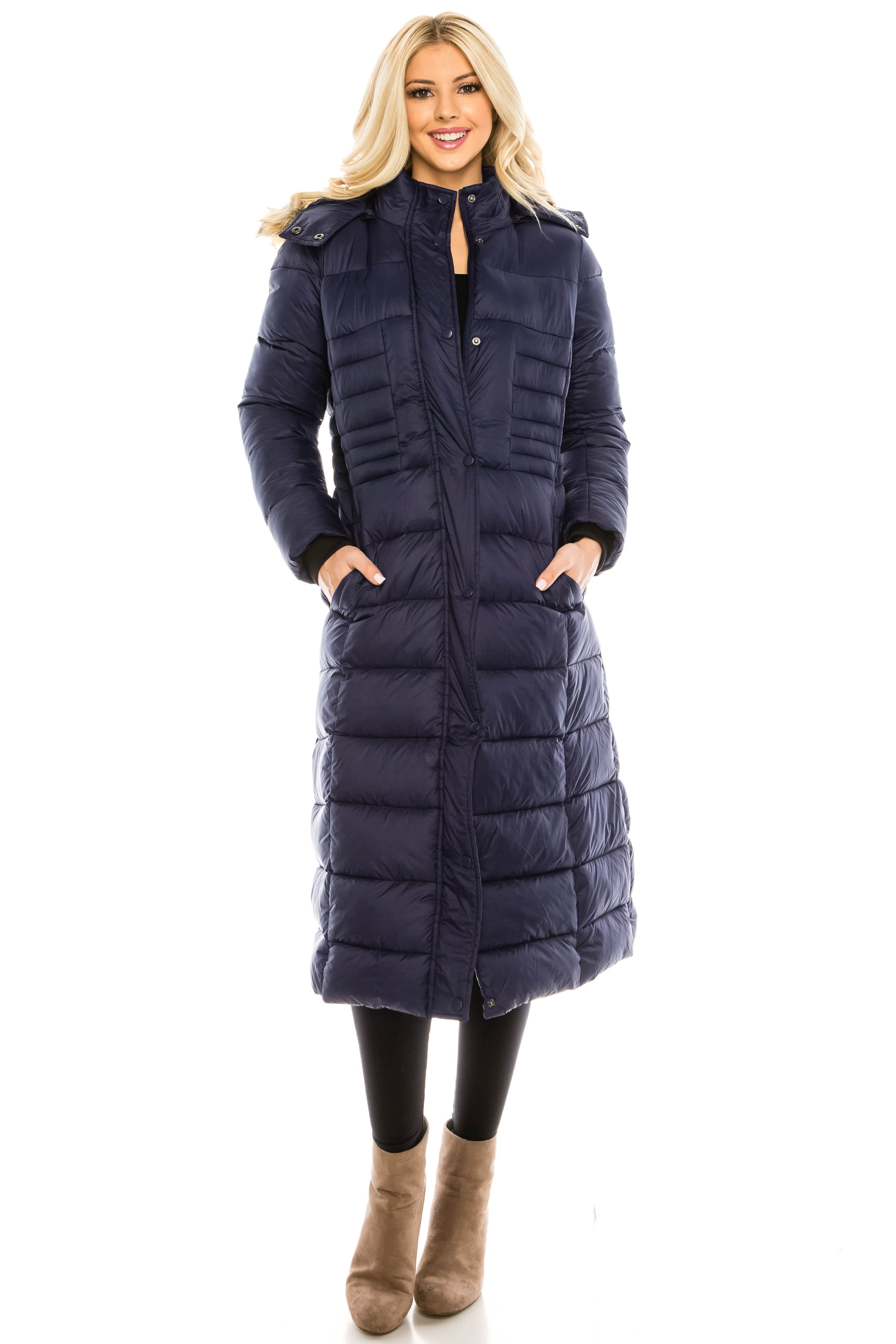 Haute Edition Women's Maxi Length Quilted Puffer with Fur Lined Hood