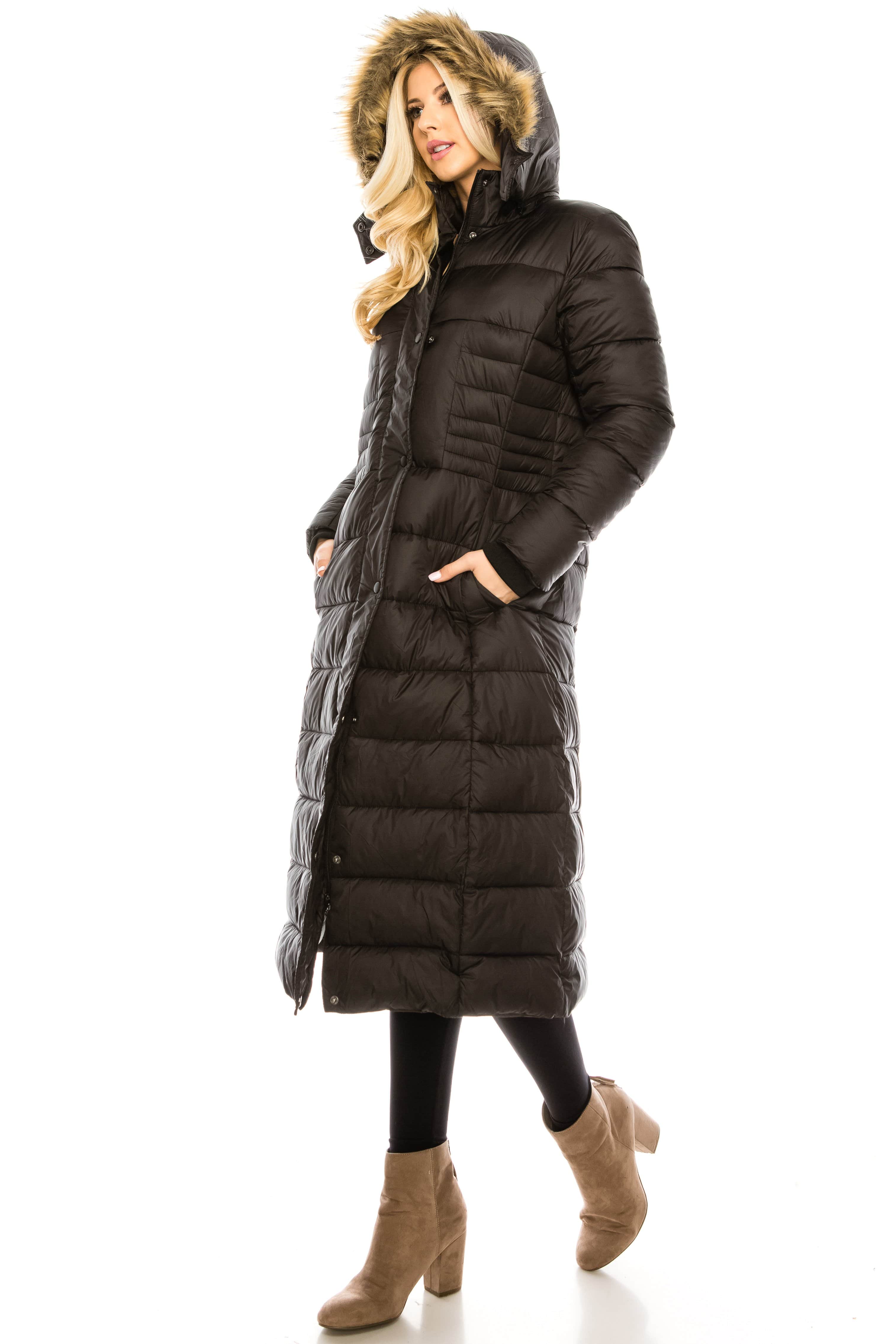 Haute Edition Women's Maxi Length Quilted Puffer with Fur Lined Hood