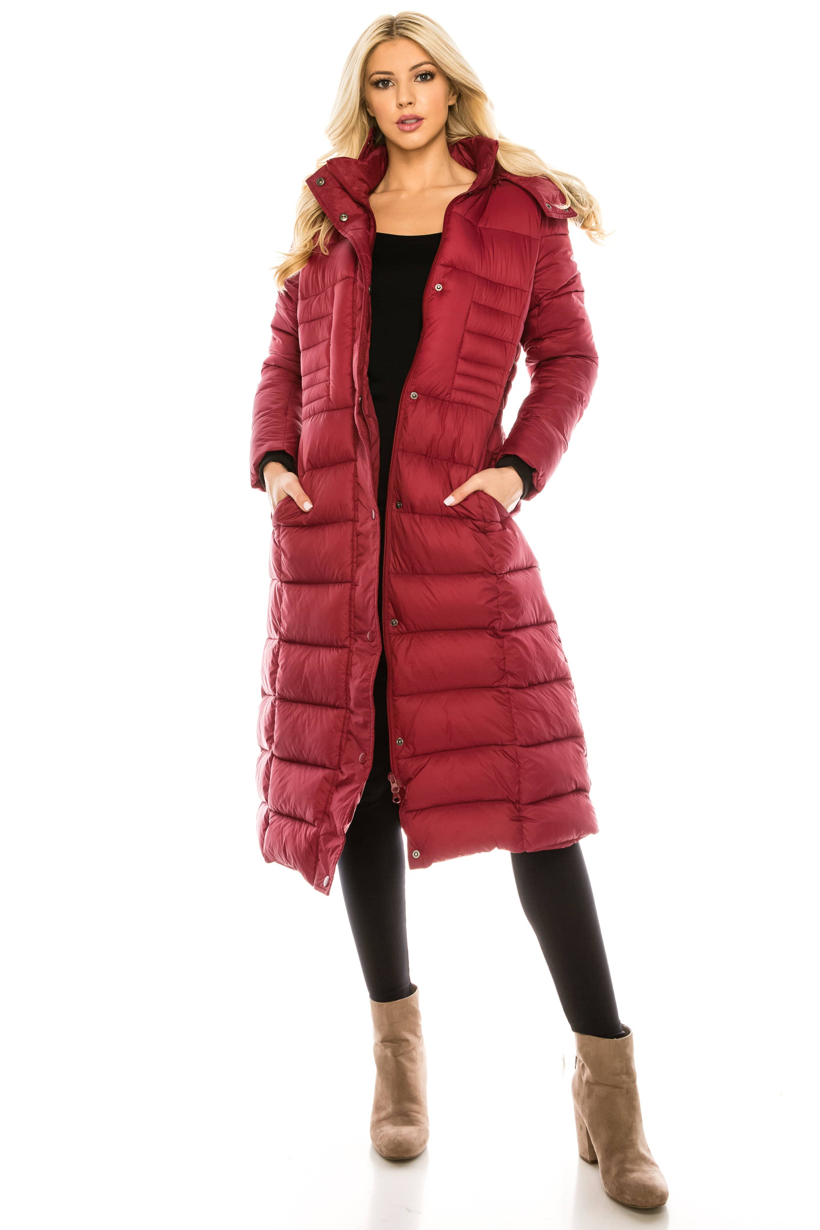 Haute Edition Women's Maxi Length Quilted Puffer with Fur Lined Hood