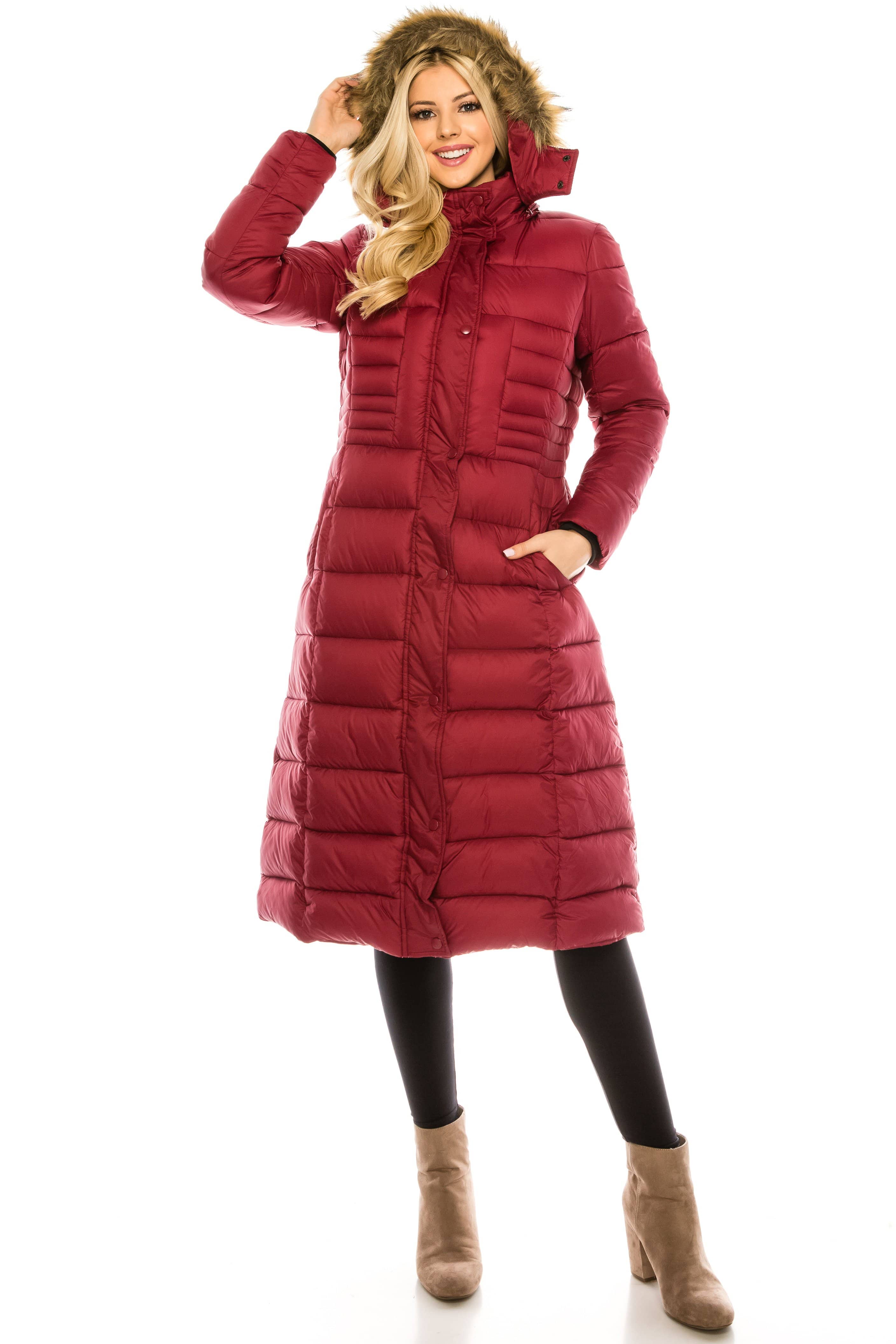 Haute Edition Women's Maxi Length Quilted Puffer with Fur Lined Hood