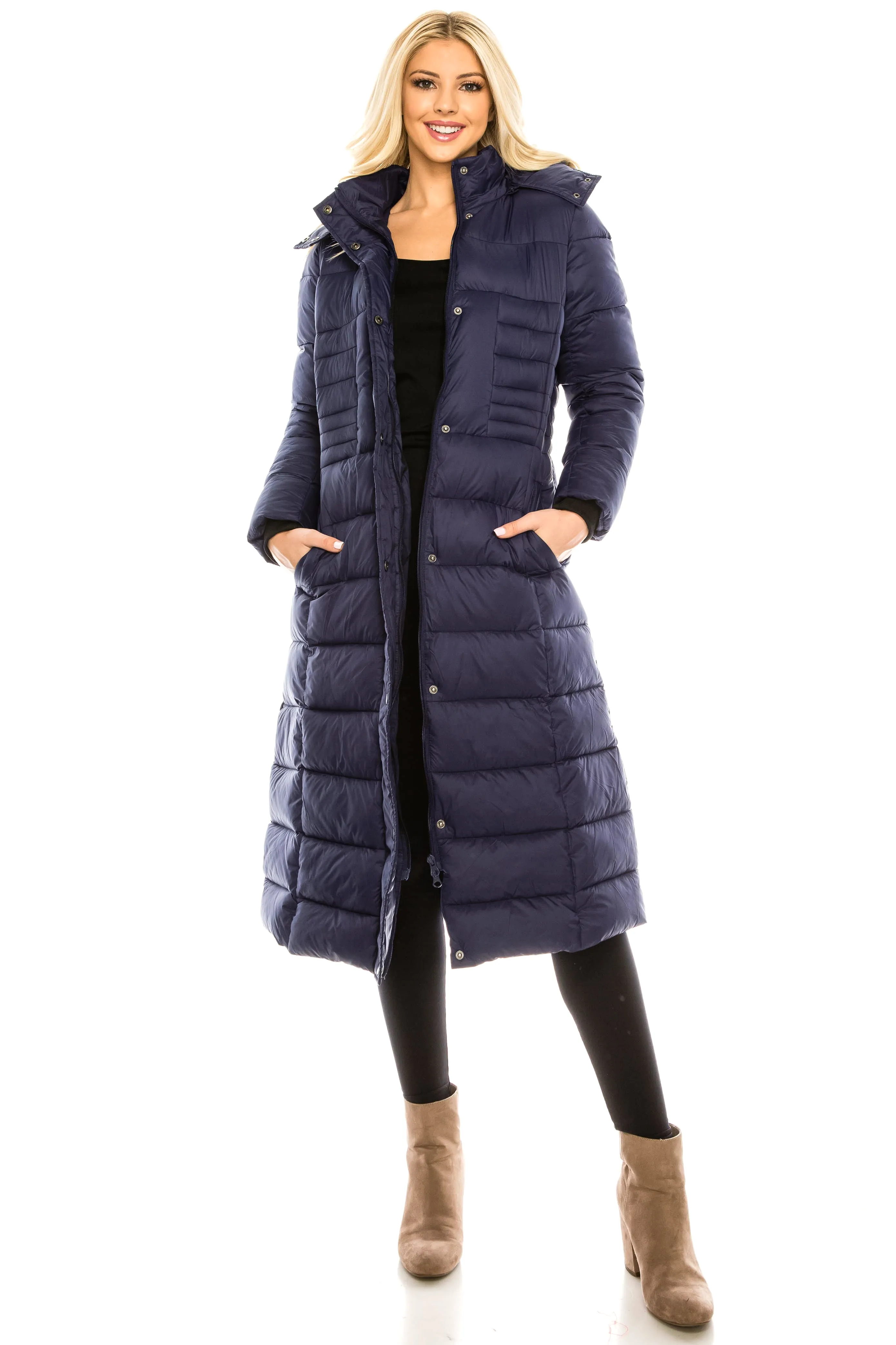 Haute Edition Women's Maxi Length Quilted Puffer with Fur Lined Hood