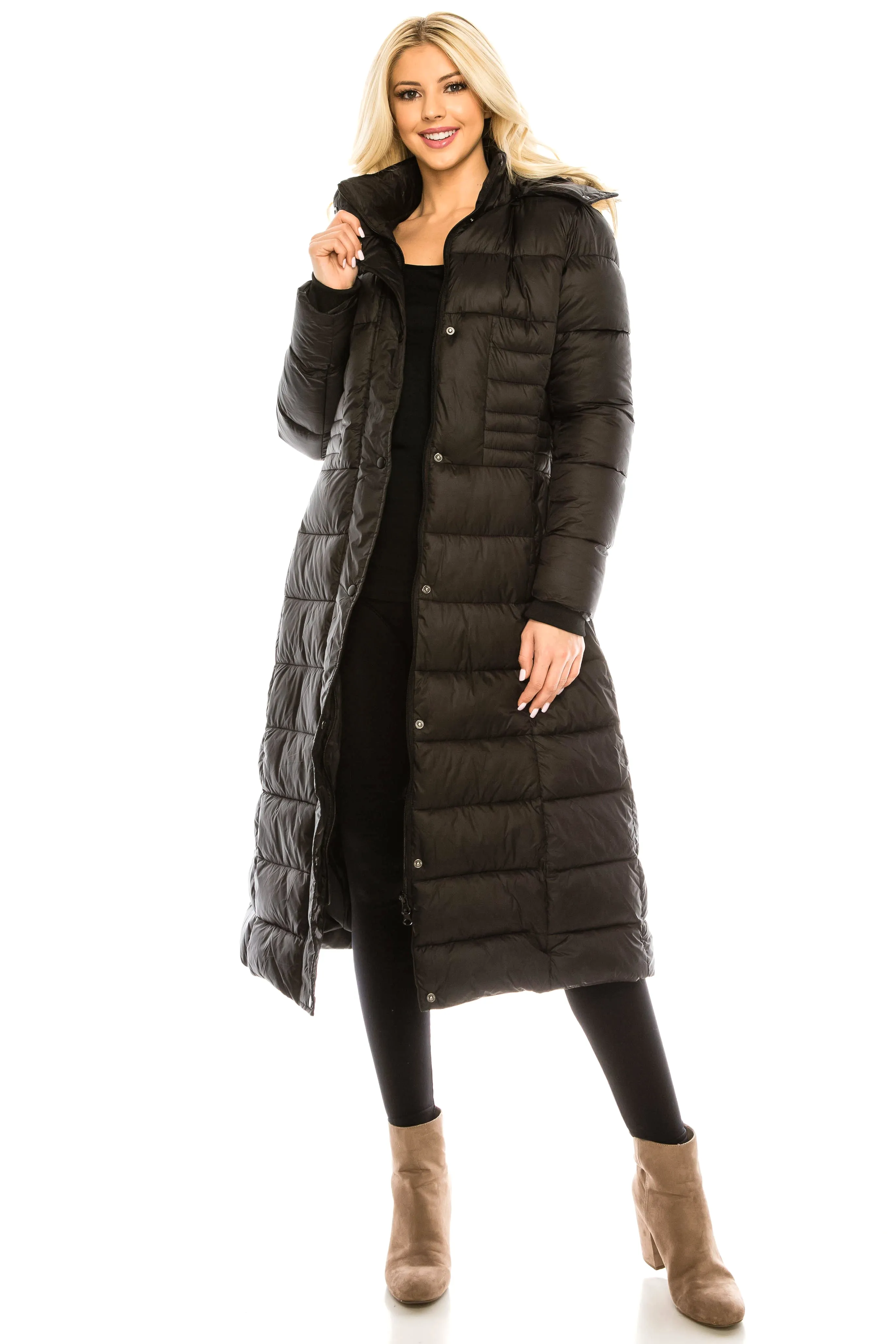 Haute Edition Women's Maxi Length Quilted Puffer with Fur Lined Hood