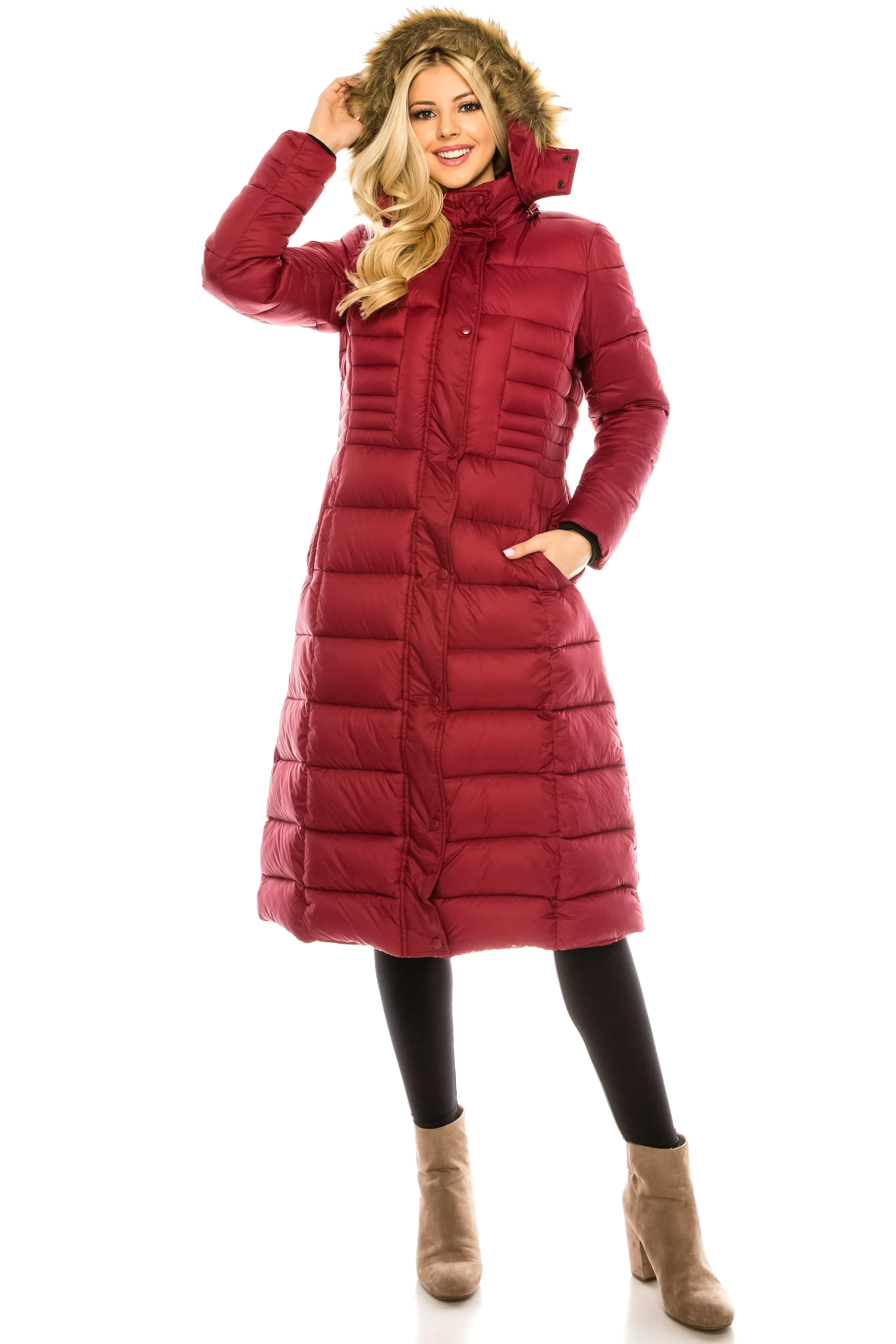 Haute Edition Women's Maxi Length Quilted Puffer with Fur Lined Hood