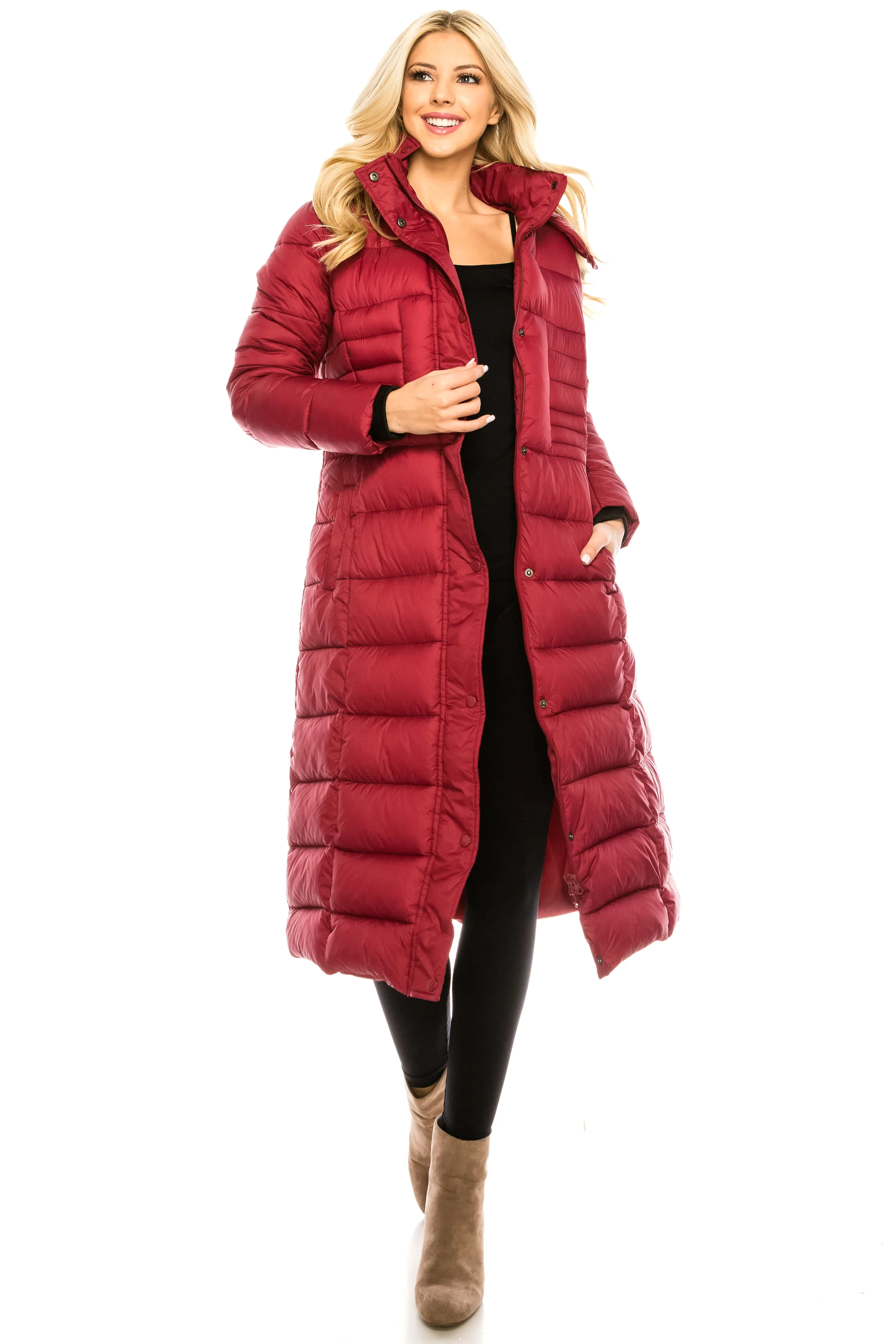 Haute Edition Women's Maxi Length Quilted Puffer with Fur Lined Hood