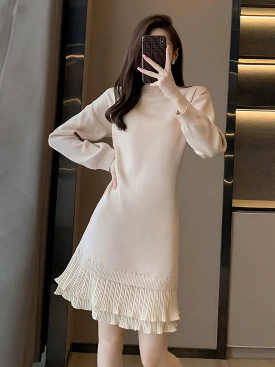 High-end coat with pleated knitted dress for women autumn and winter 2023 new French style inner bottoming sweater skirt