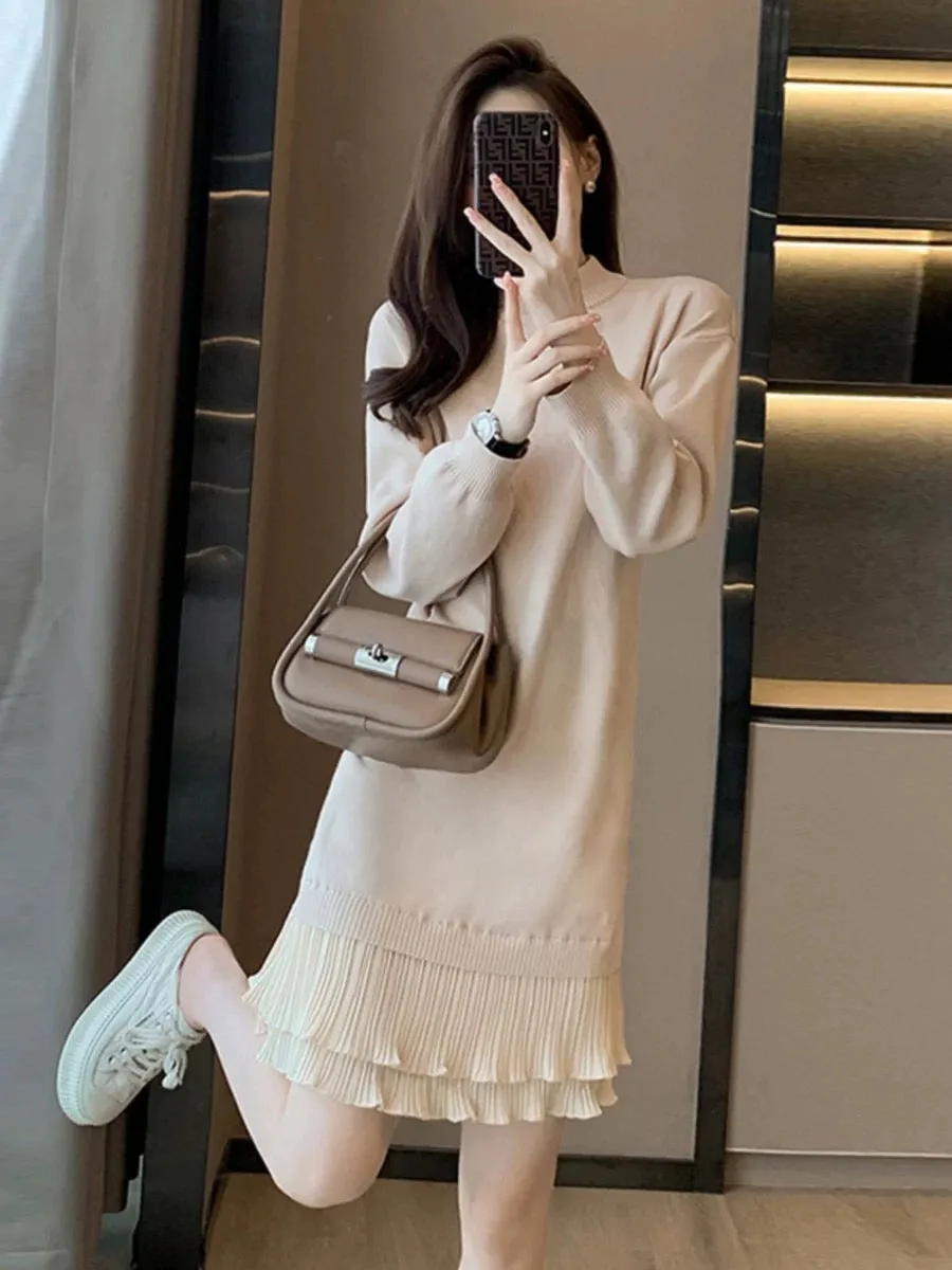 High-end coat with pleated knitted dress for women autumn and winter 2023 new French style inner bottoming sweater skirt