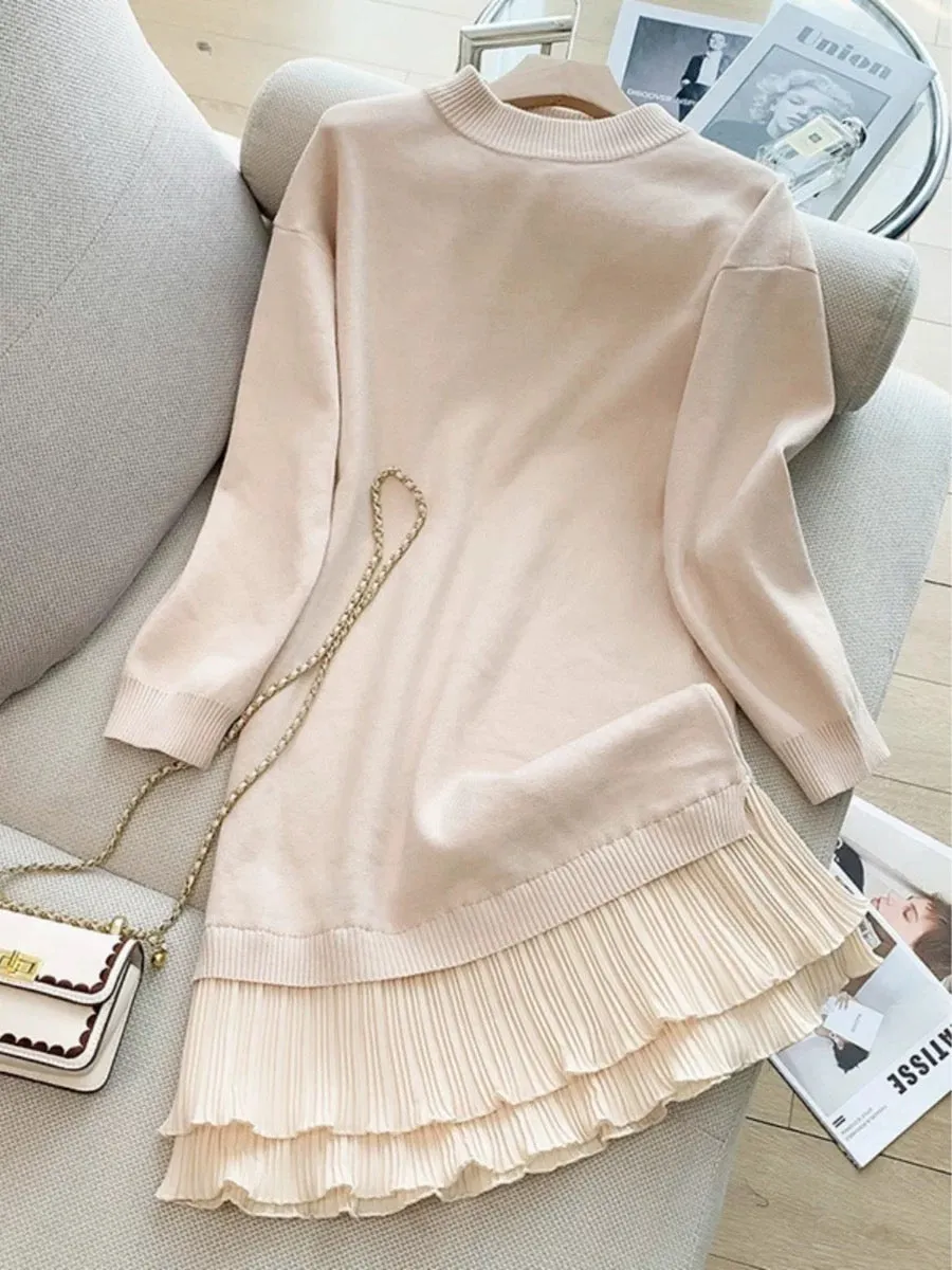 High-end coat with pleated knitted dress for women autumn and winter 2023 new French style inner bottoming sweater skirt