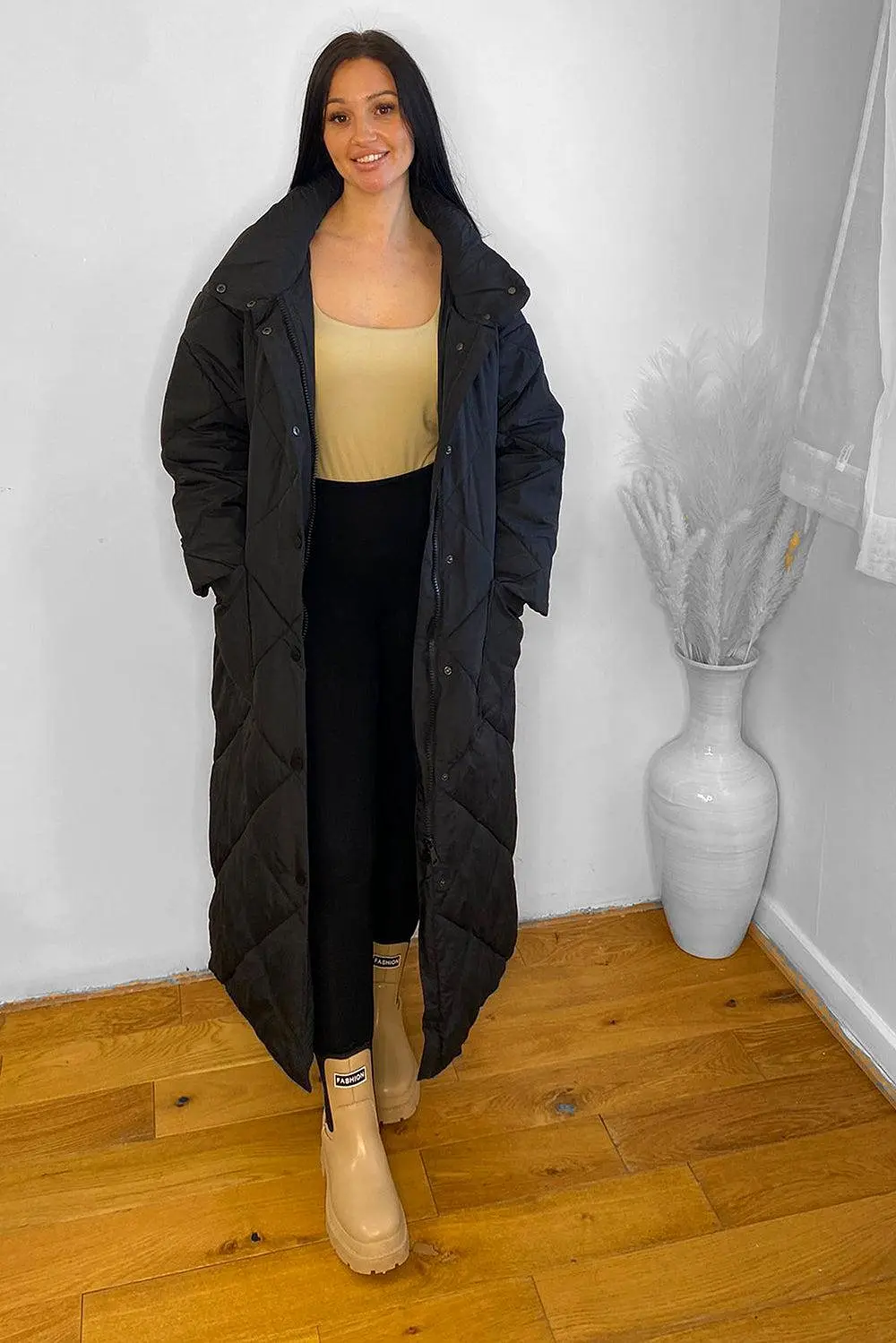 High Neck Quilted Midi Puffer Coat