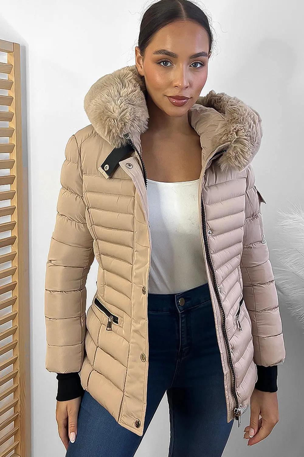 Horizontal Zip Pockets Faux Fur Hooded Jacket