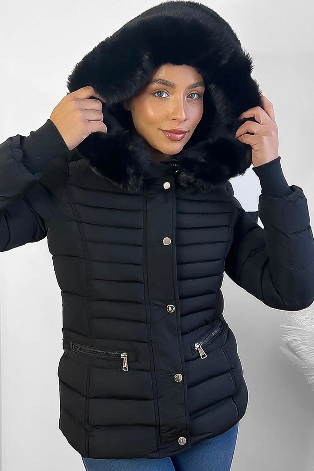 Horizontal Zip Pockets Faux Fur Hooded Jacket