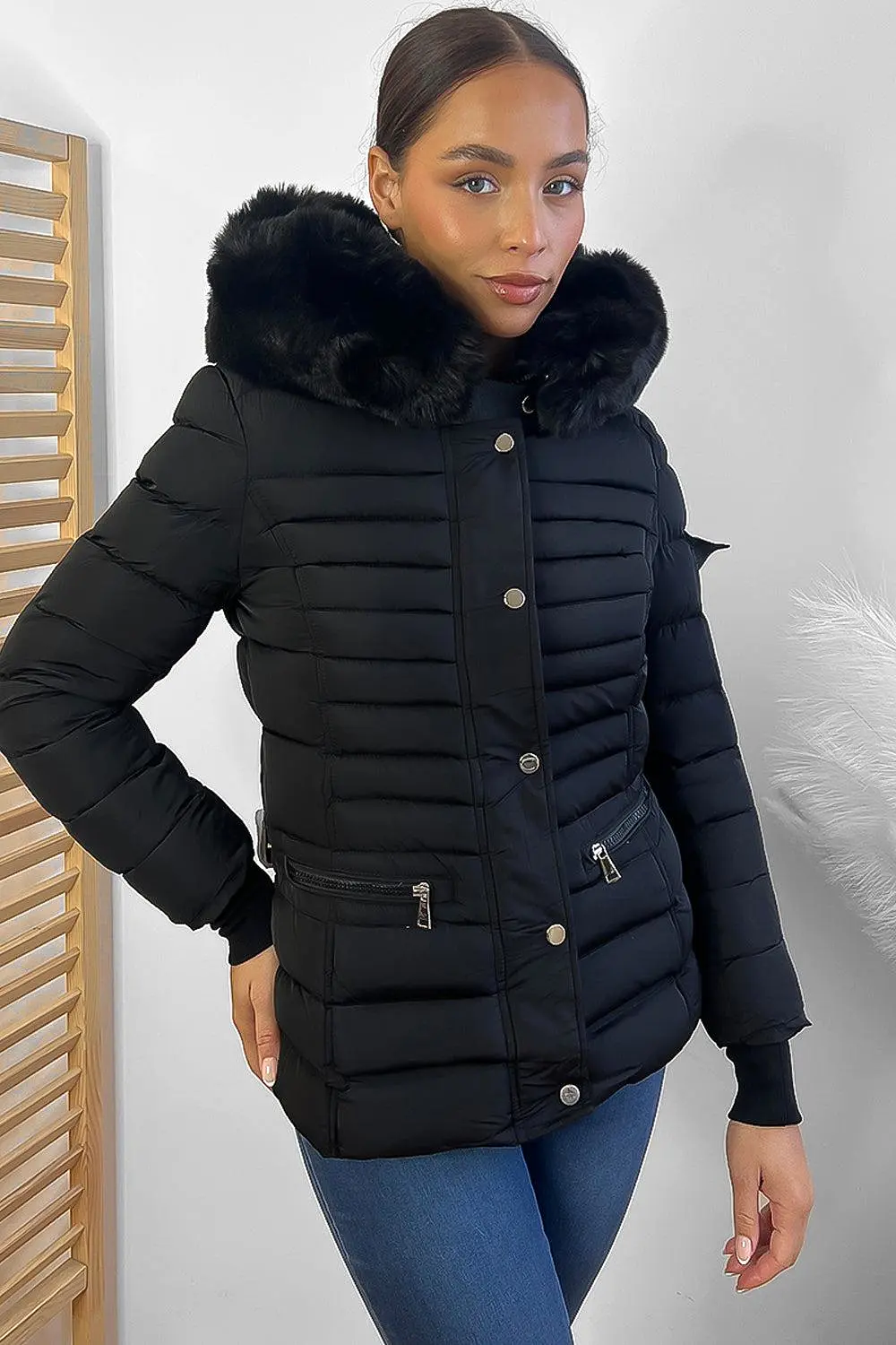 Horizontal Zip Pockets Faux Fur Hooded Jacket