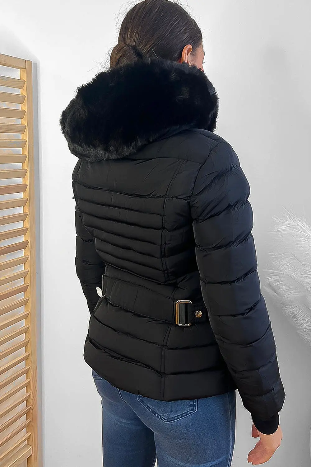 Horizontal Zip Pockets Faux Fur Hooded Jacket