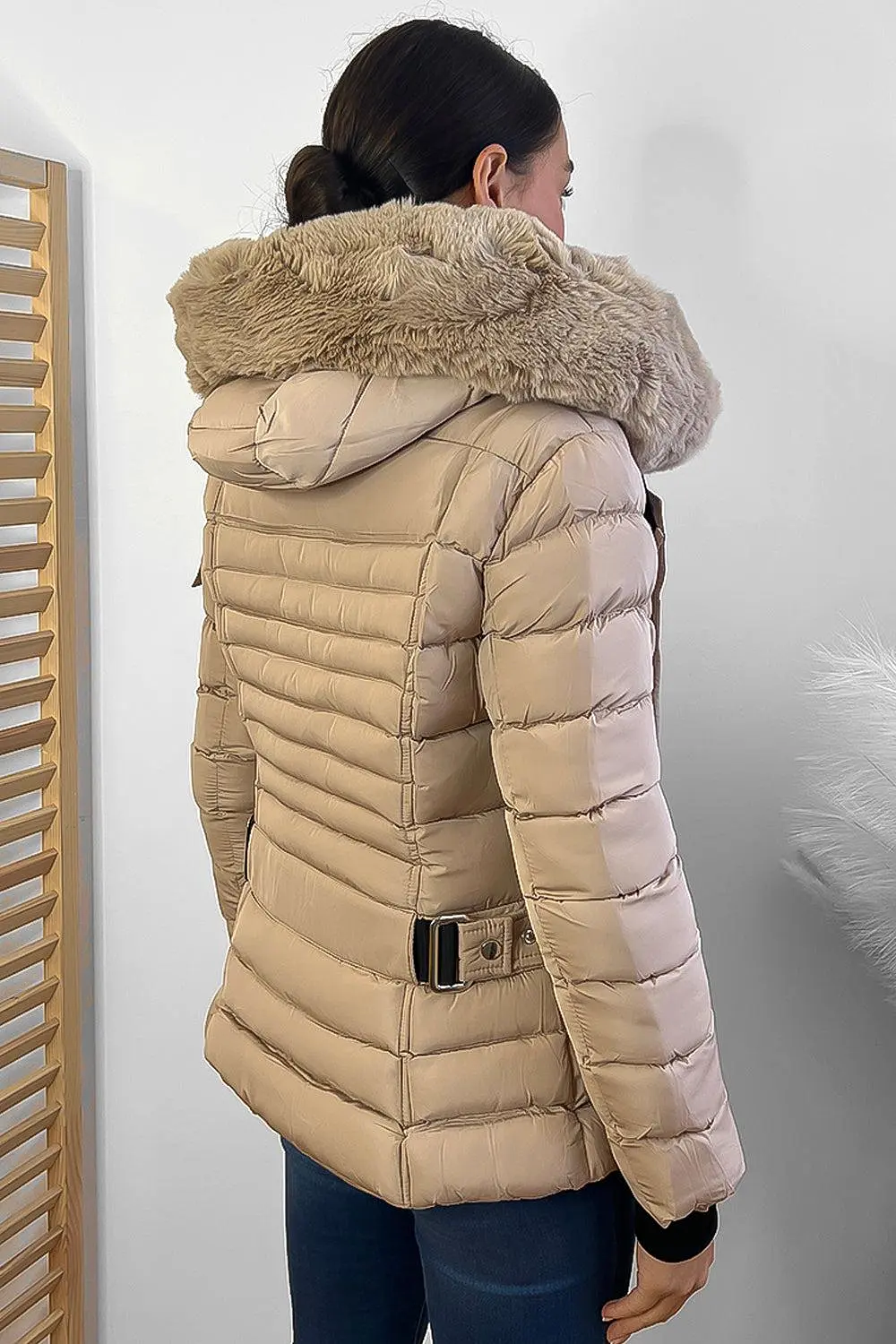 Horizontal Zip Pockets Faux Fur Hooded Jacket