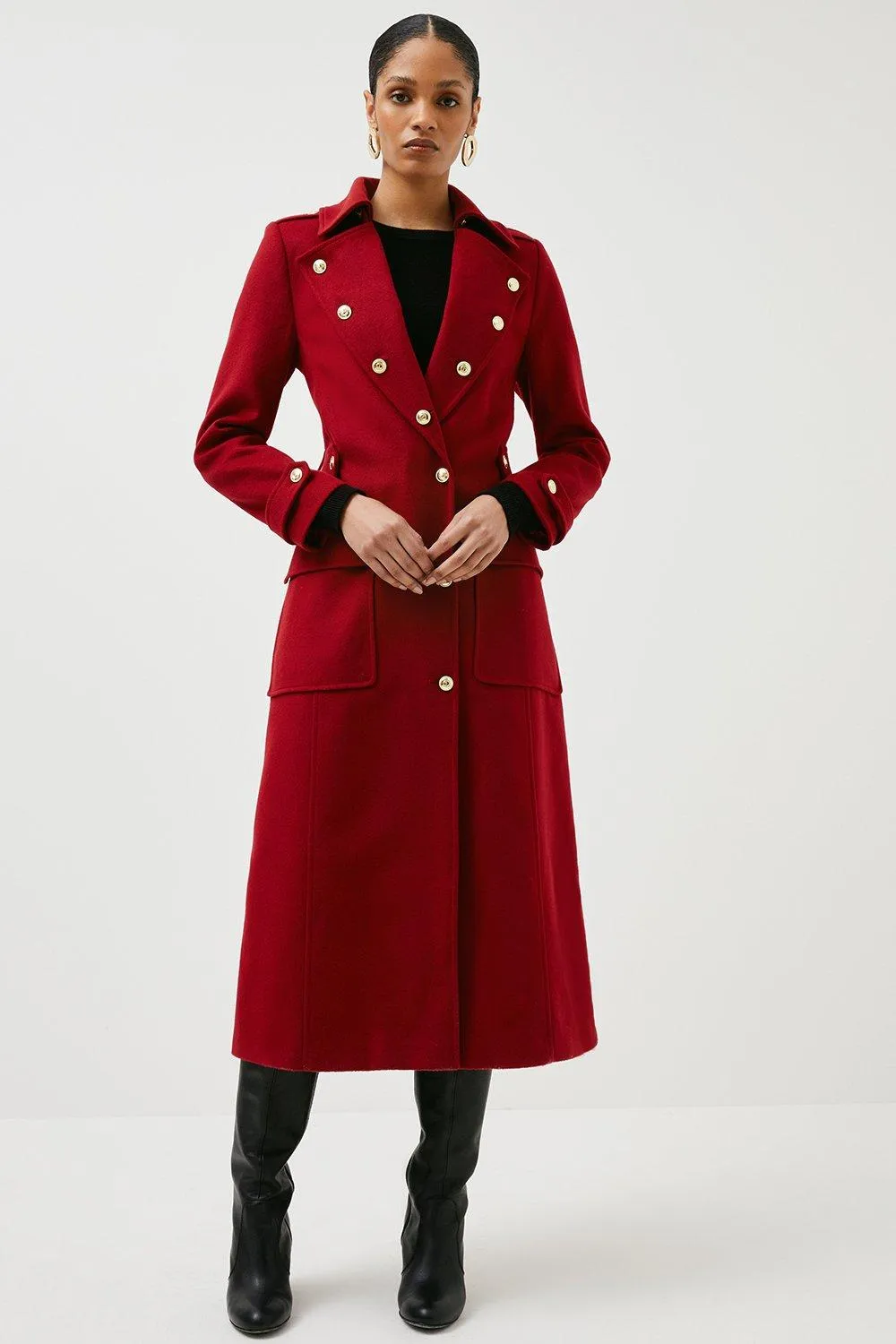 Italian Wool Military Button Midi Coat | Karen Millen