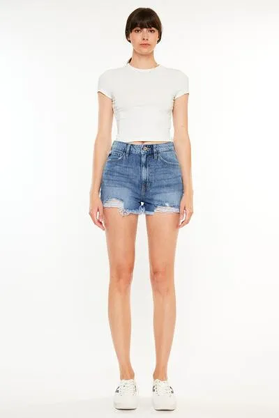 Kancan Distressed Raw Hem High Waist Denim Shorts