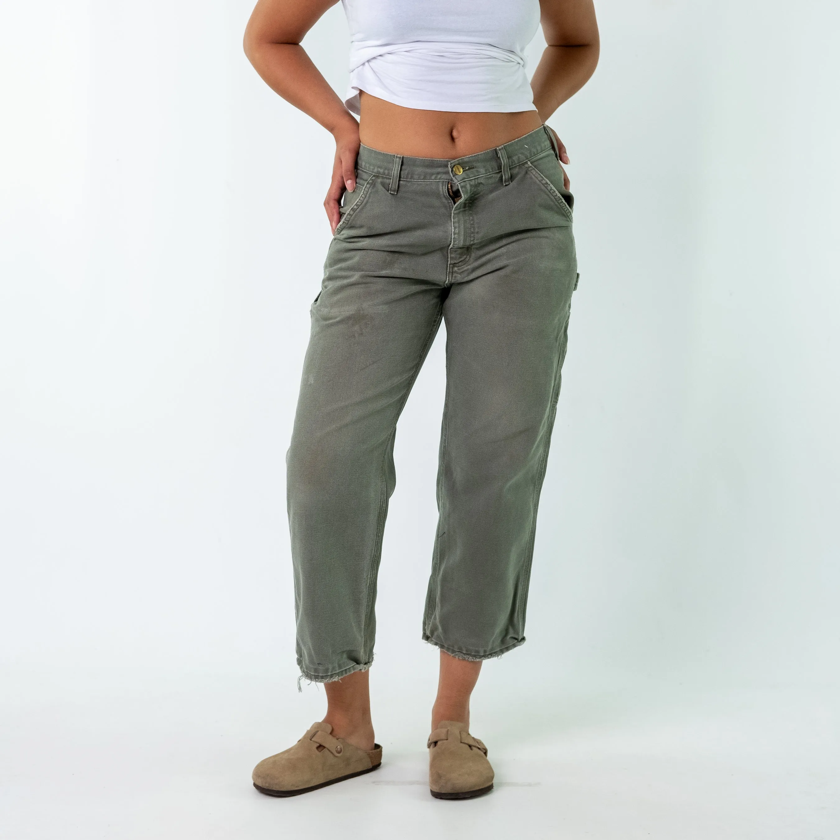 Khaki Green 90s Carhartt Denim Carpenter Jeans Baggy Pants (32x30)