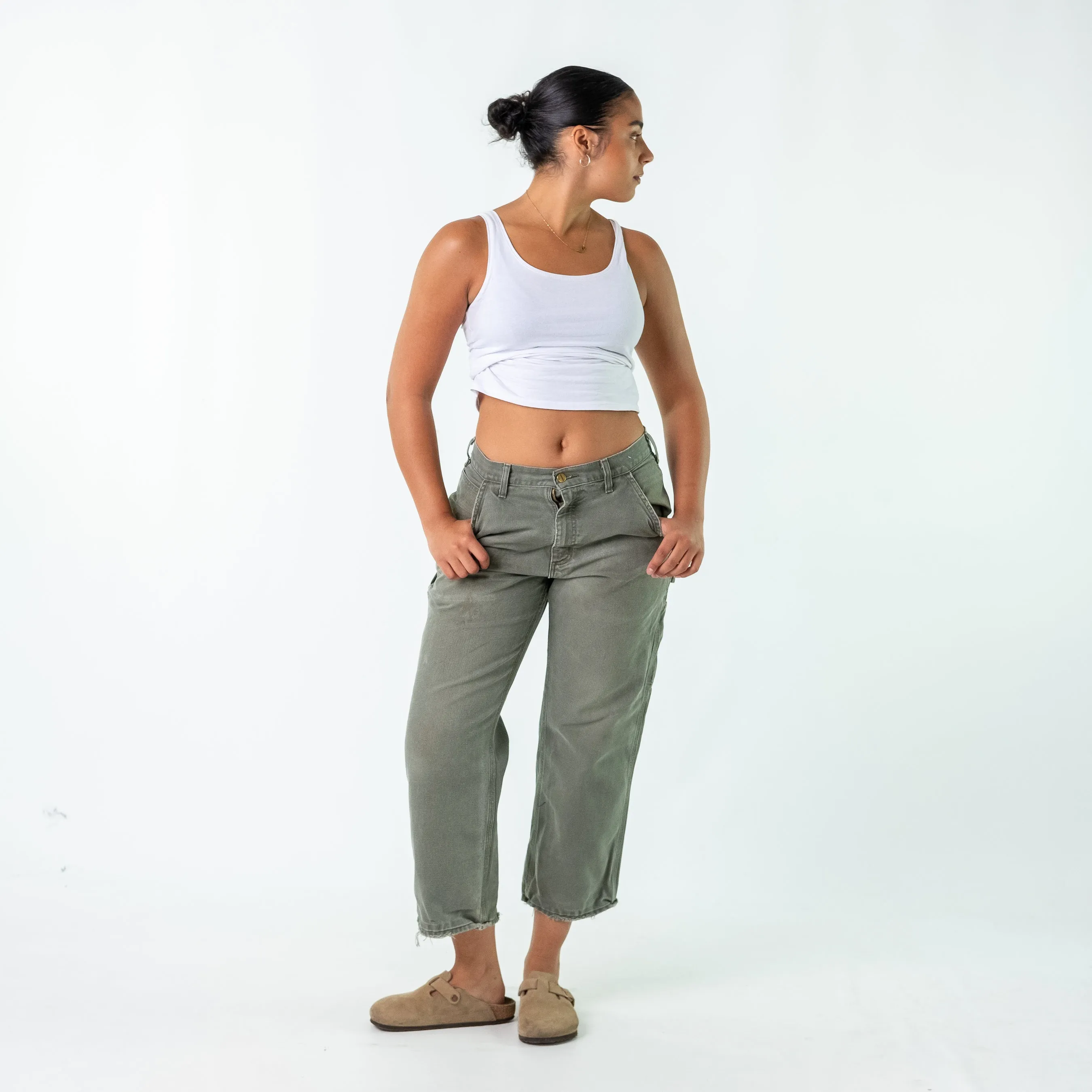 Khaki Green 90s Carhartt Denim Carpenter Jeans Baggy Pants (32x30)