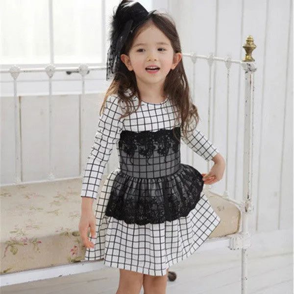 Kids Baby Girls Dress Long Sleeve One Piece Dresses Lace Plaids Checks 2-6Y Costume Freeshiping SM6