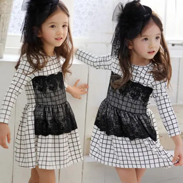 Kids Baby Girls Dress Long Sleeve One Piece Dresses Lace Plaids Checks 2-6Y Costume Freeshiping SM6