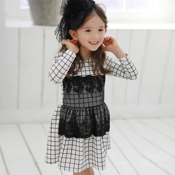 Kids Baby Girls Dress Long Sleeve One Piece Dresses Lace Plaids Checks 2-6Y Costume Freeshiping SM6