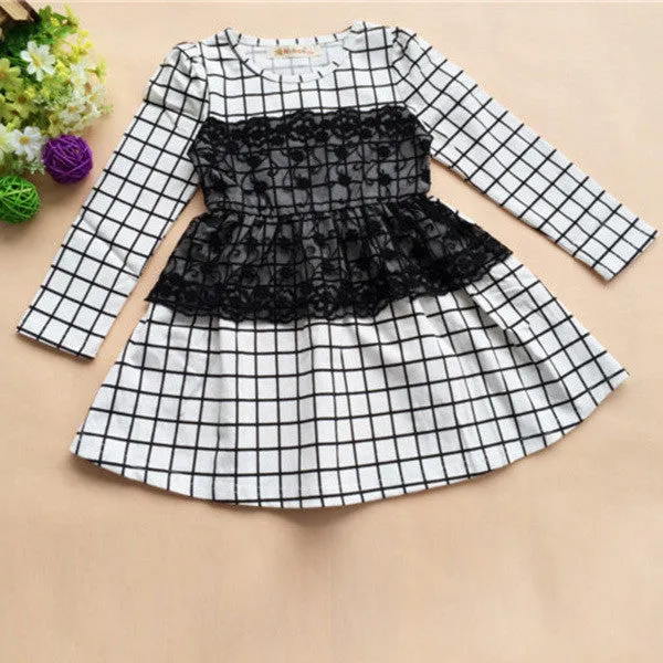 Kids Baby Girls Dress Long Sleeve One Piece Dresses Lace Plaids Checks 2-6Y Costume Freeshiping SM6