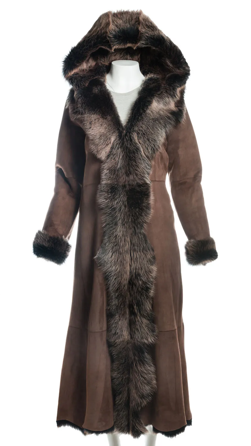 Ladies Full Length Brown Toscana Shearling Sheepskin Coat: Rosetta