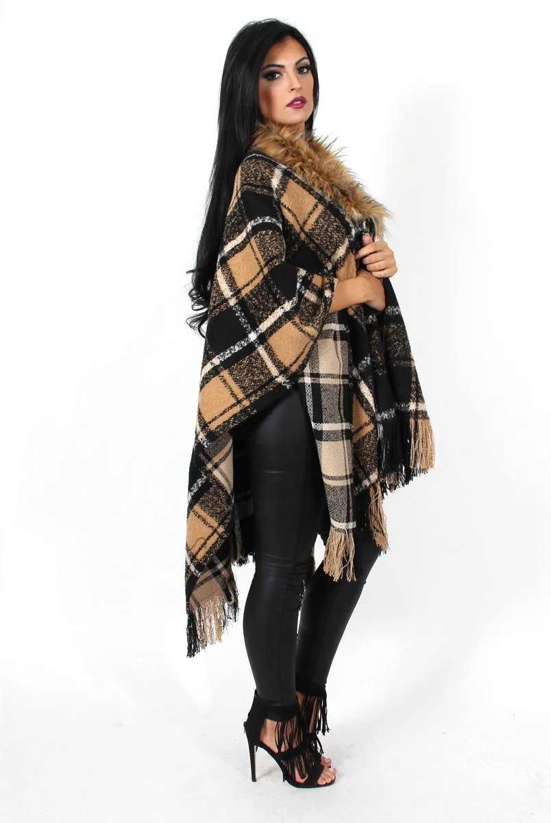 Latoya Beige Faux Fur Trimmed Cape