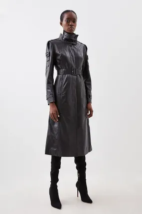 Leather High Neck Belted Midi Coat | Karen Millen