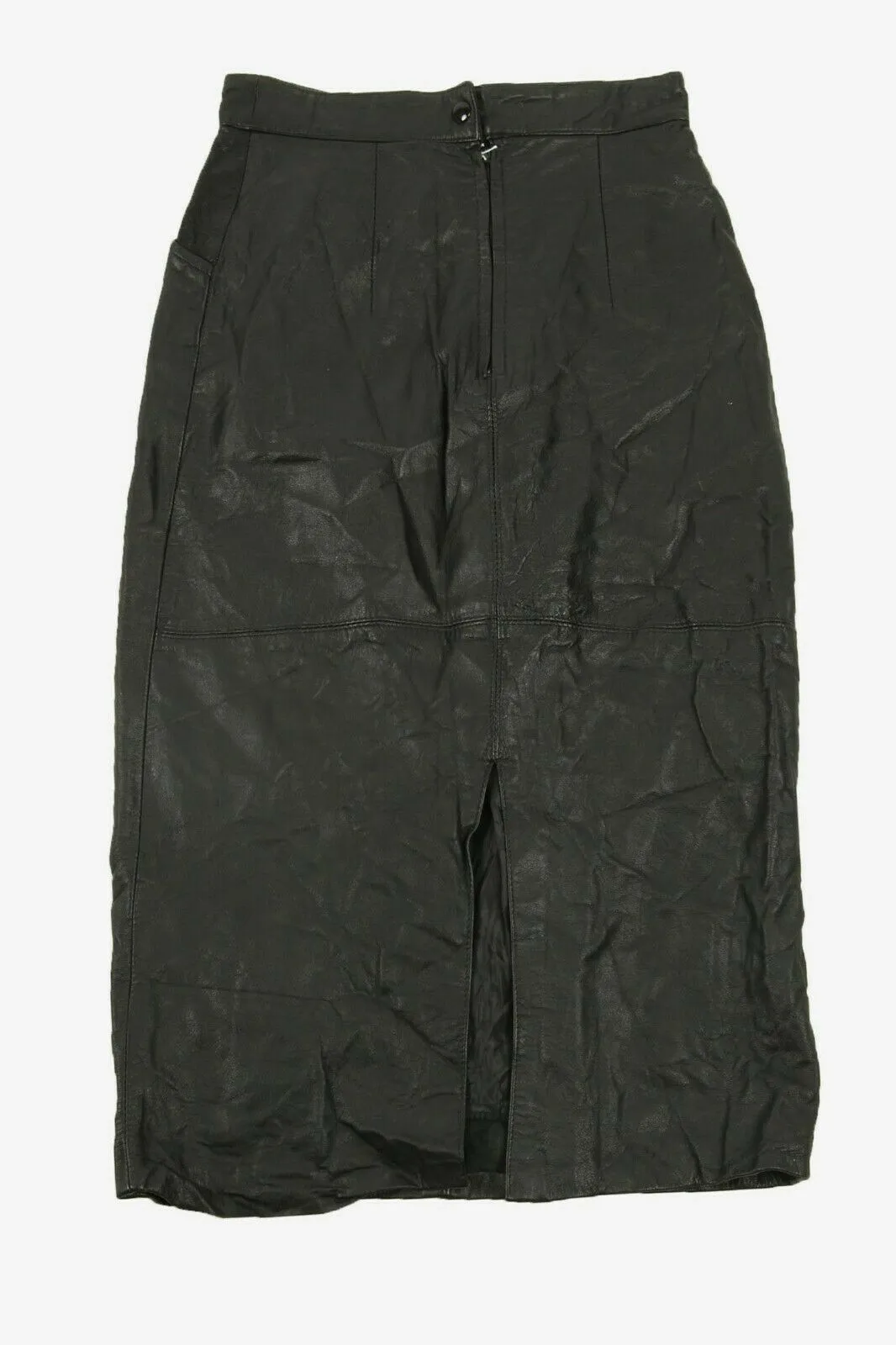 Leather Midi Skirt Vintage Lined Pockets Zip Up 90s Black Waist 25 in - Pepper Tree London