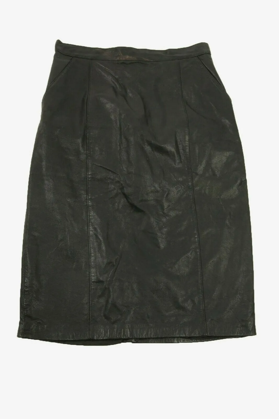 Leather Midi Skirt Vintage Lined Pockets Zip up 90s Black Waist 28 in - Pepper Tree London