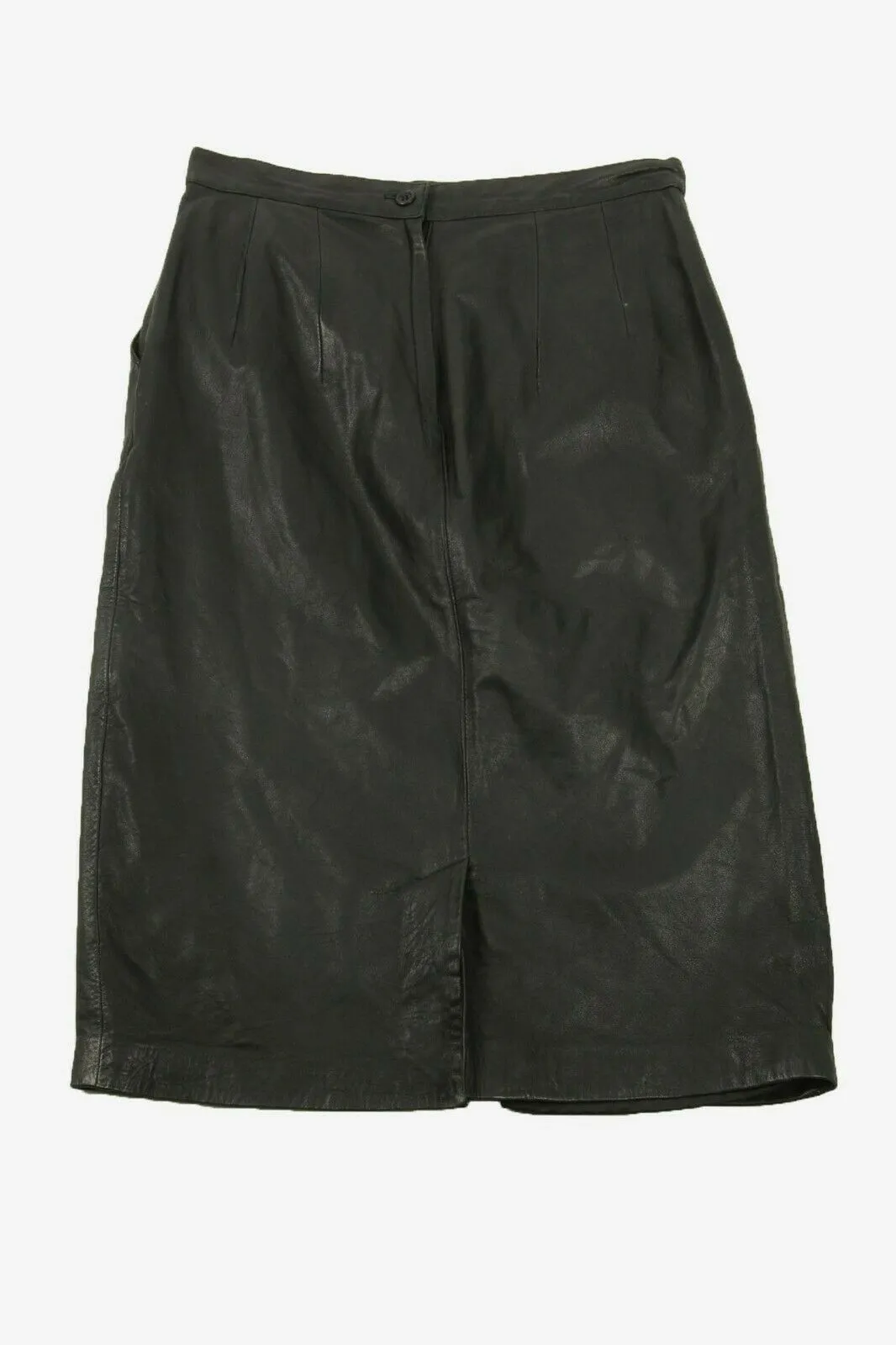 Leather Midi Skirt Vintage Lined Pockets Zip up 90s Black Waist 28 in - Pepper Tree London