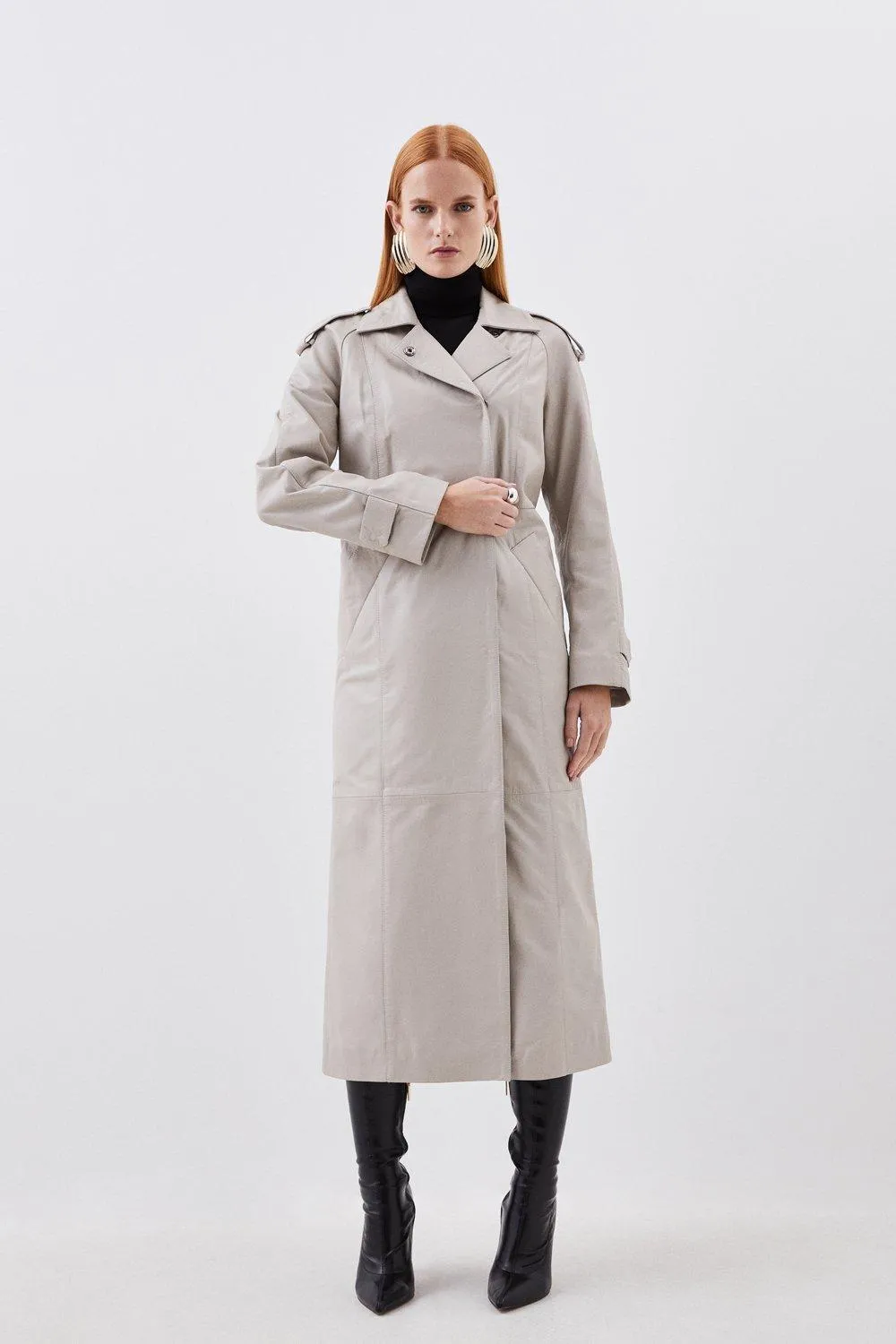 Leather Minimal Clean Midi Coat | Karen Millen