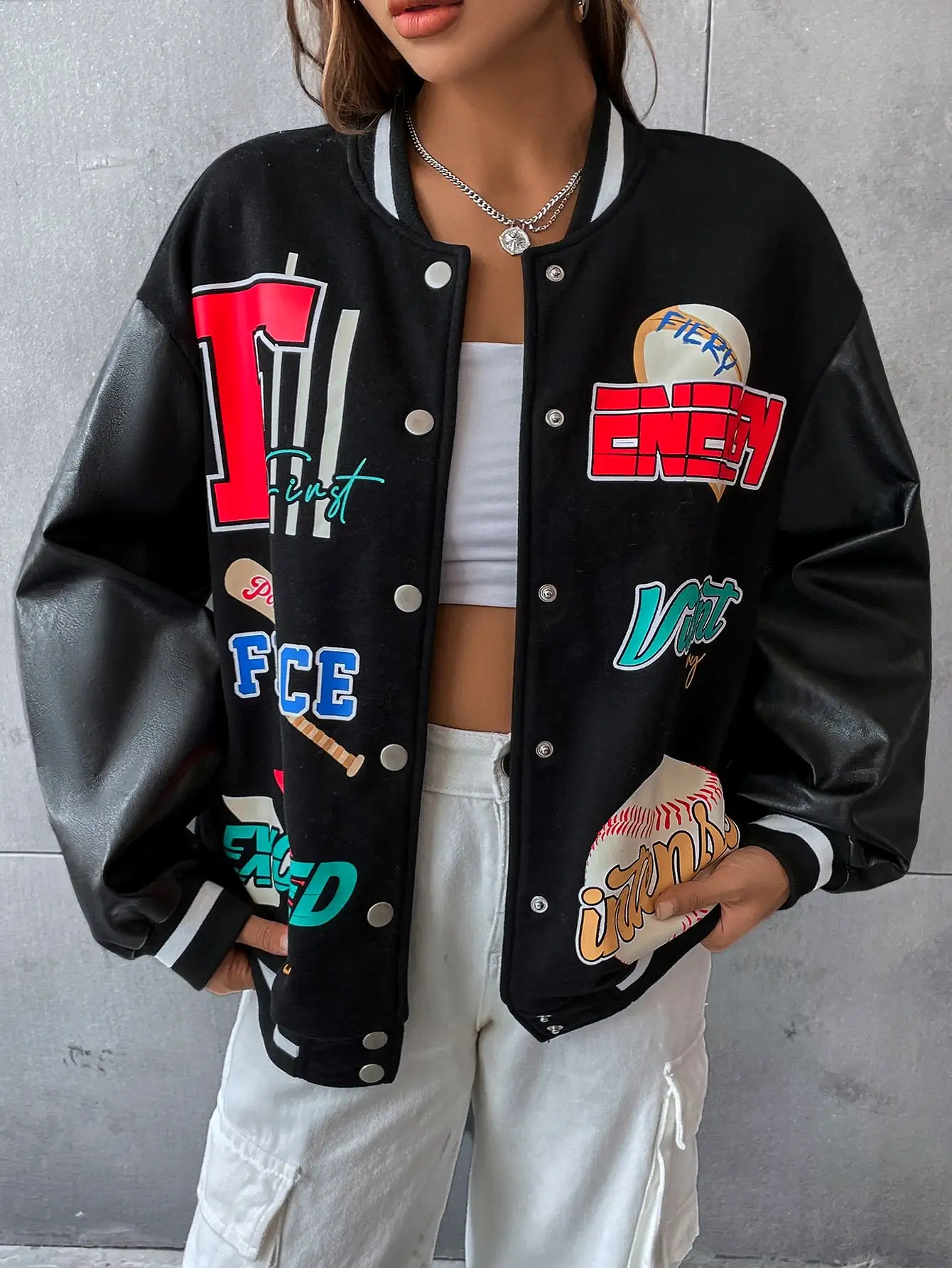 Letter Graphic Contrast PU Leather Sleeve Varsity Jacket