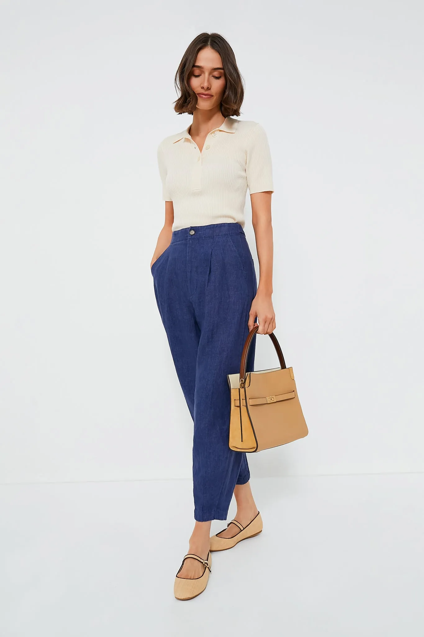 Light Navy Delave Linen Cropped Pant